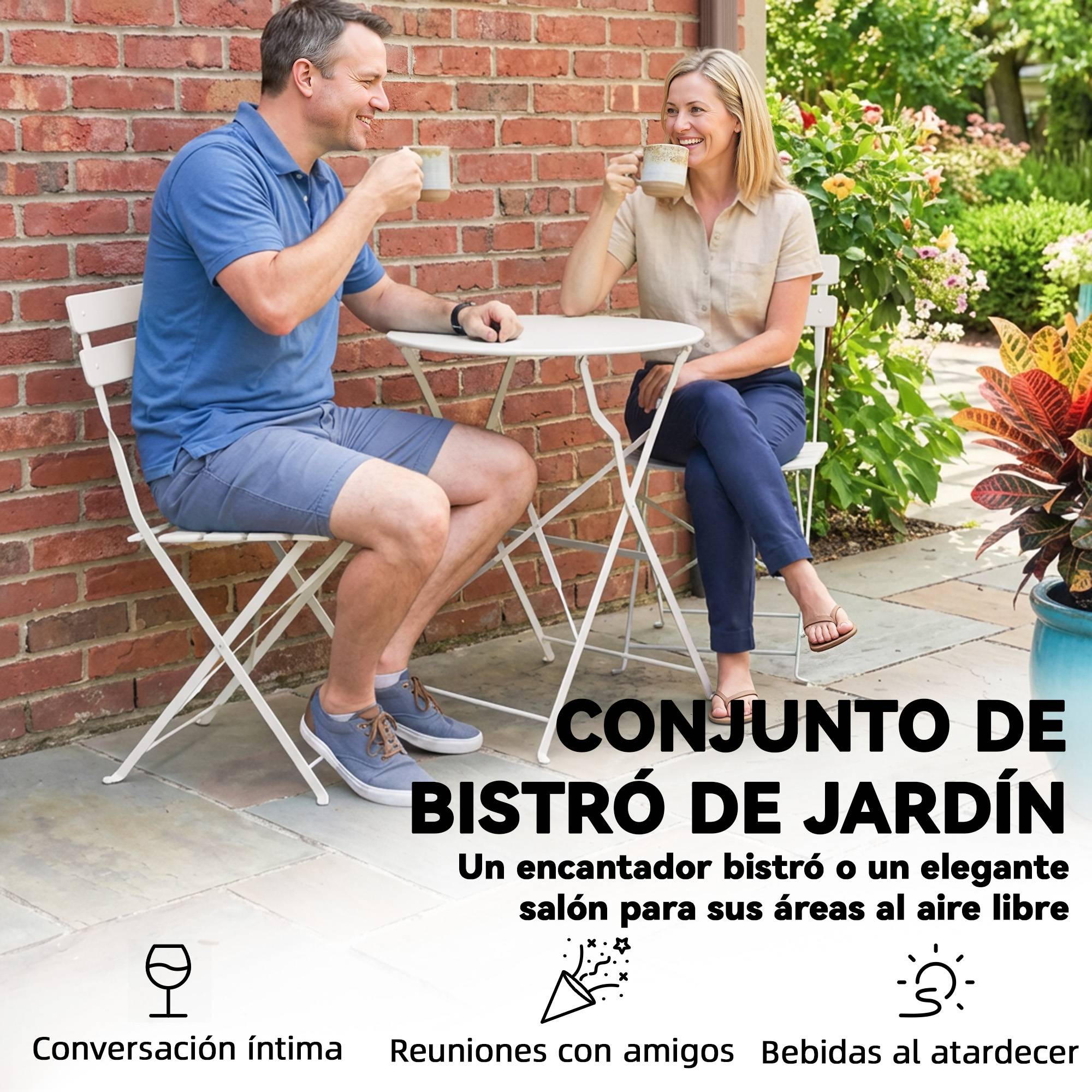 Ensemble bistrot 3 pièces métal traitement antirouille pliant pour balcon crème - ComfortXL Outdoor Living - Image 7