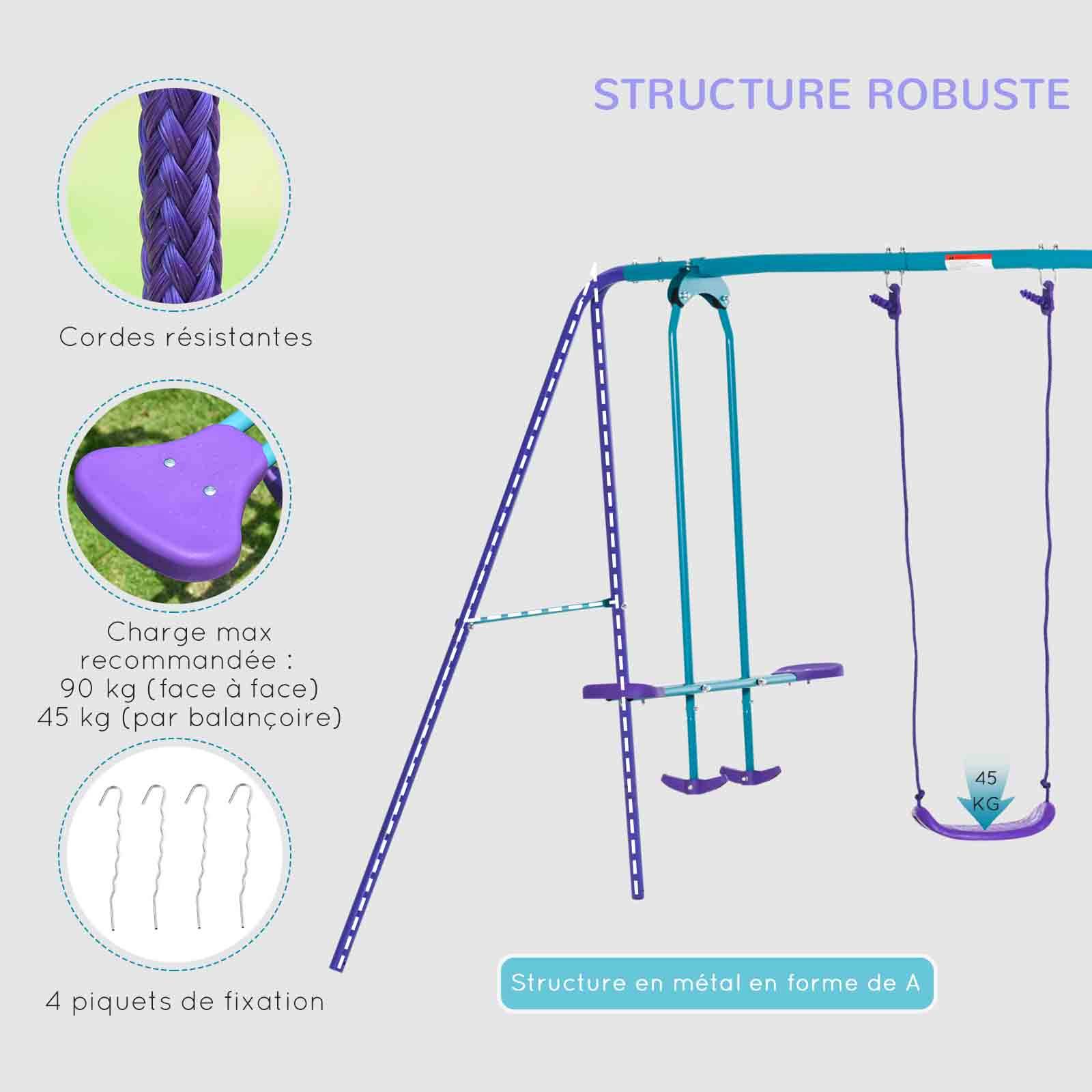 Portique balancoire exterieur 3 en 1 avec 1 balançoire face à face et 2 sièges de balancelle, pour enfants 3+ans - Image 7