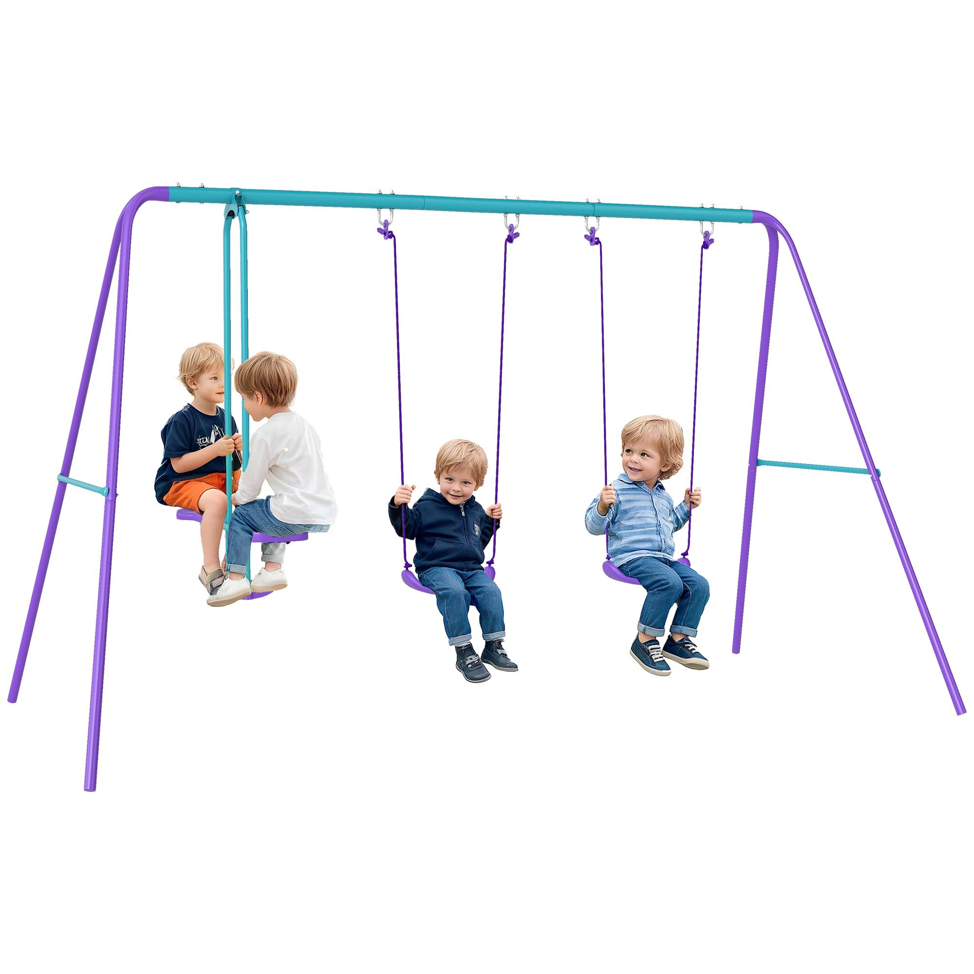 Portique balancoire exterieur 3 en 1 avec 1 balançoire face à face et 2 sièges de balancelle, pour enfants 3+ans - Image 1