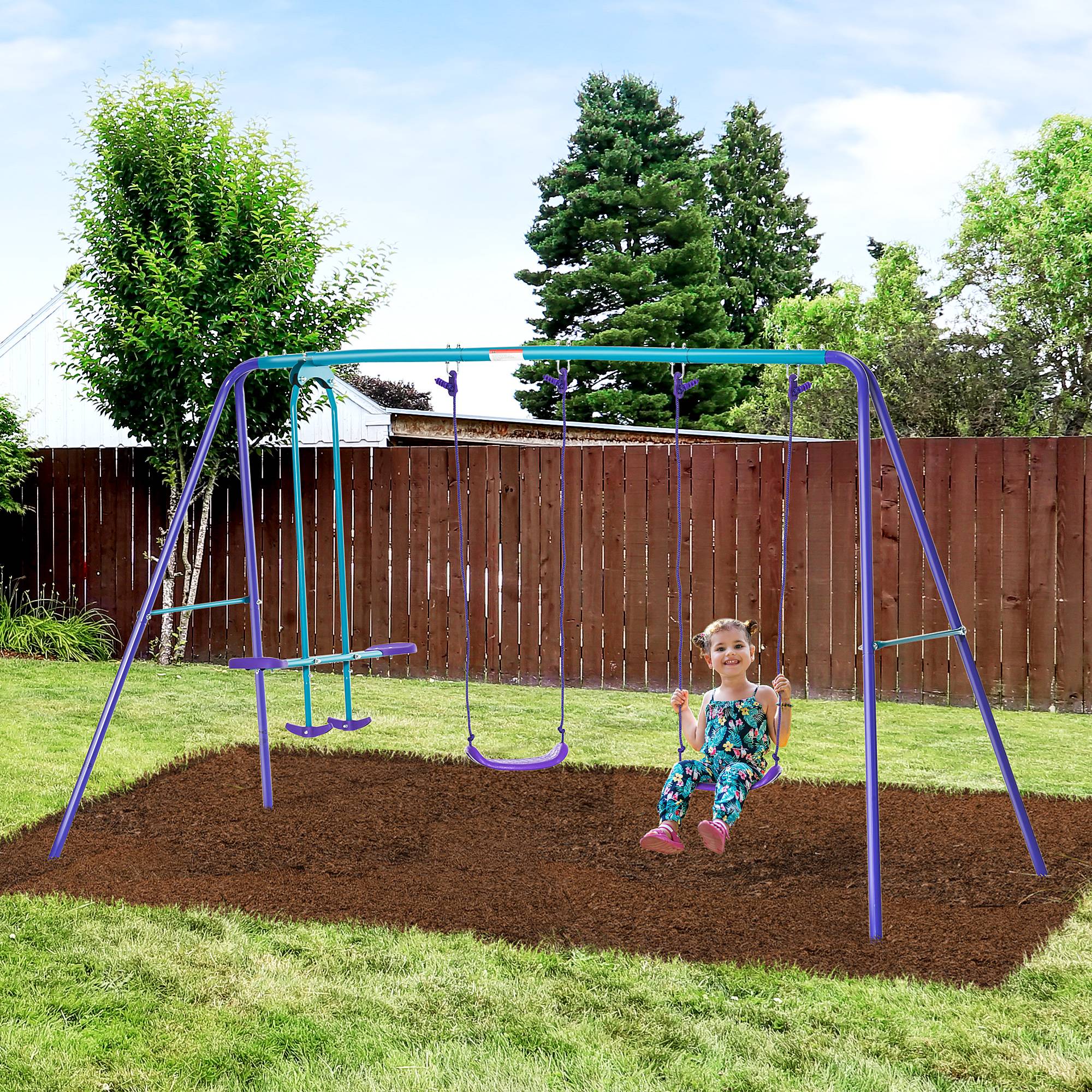 Portique balancoire exterieur 3 en 1 avec 1 balançoire face à face et 2 sièges de balancelle, pour enfants 3+ans - Image 3
