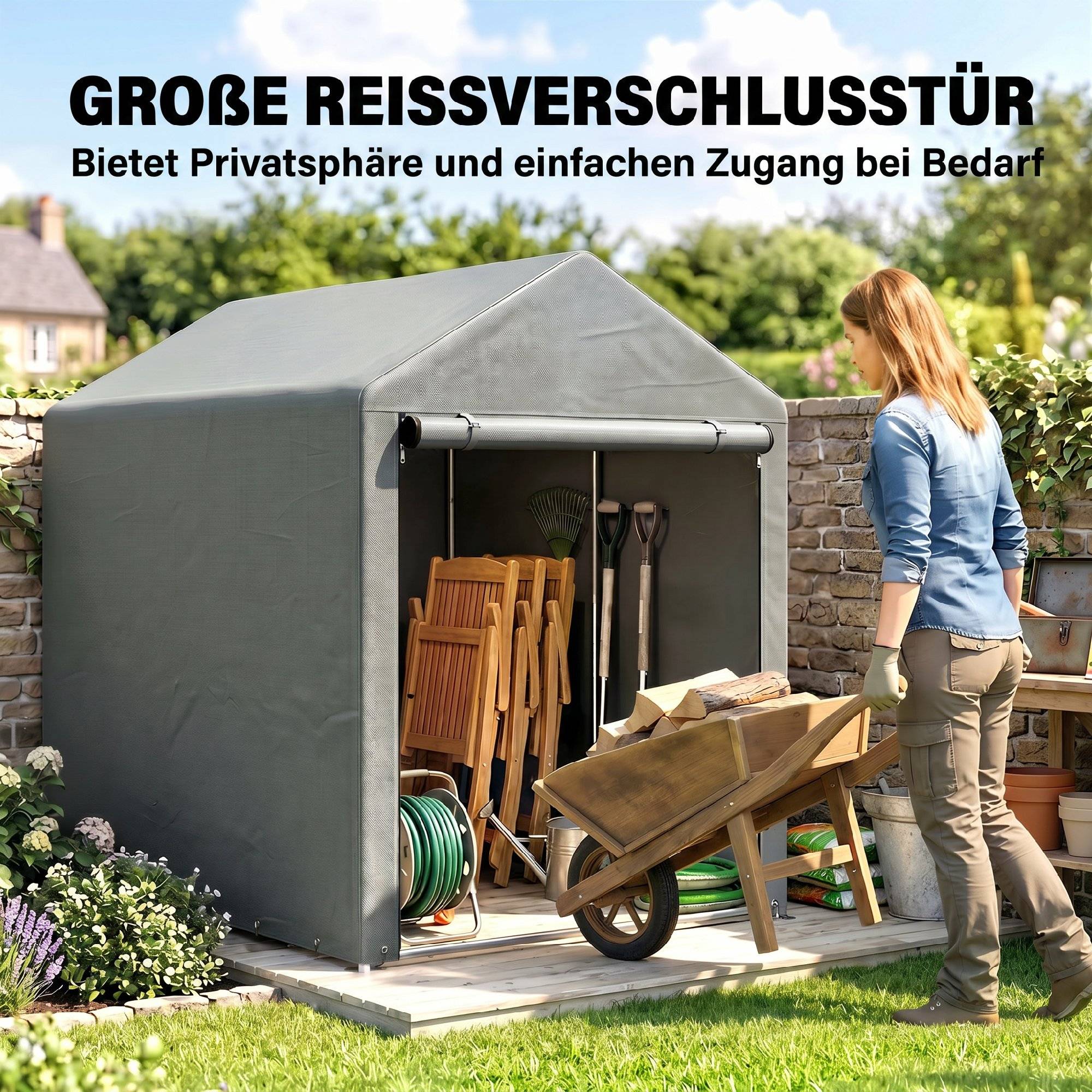 Abri stockage robuste résistant aux intempéries, cadre acier, 1,2x1,8x1,6m, gris clair - Image 8