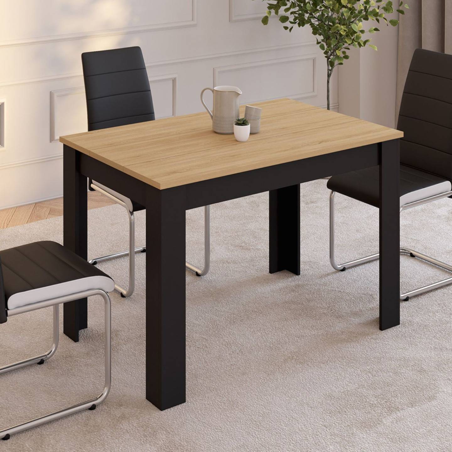 Table à manger rectangle ROZY 4 personnes noire plateau façon hêtre 110 cm - Image 1