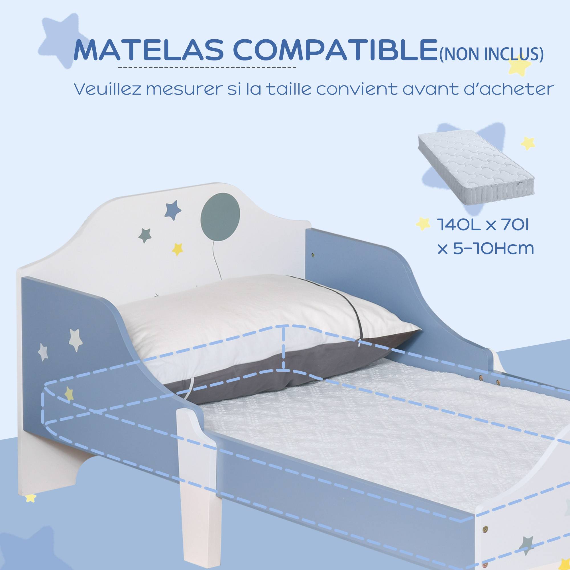 Lit pour enfants de 3 à 6 ans design étoiles sommier à lattes inclus chambre moderne 143 x 74 x 59 cm bleu blanc - Image 9