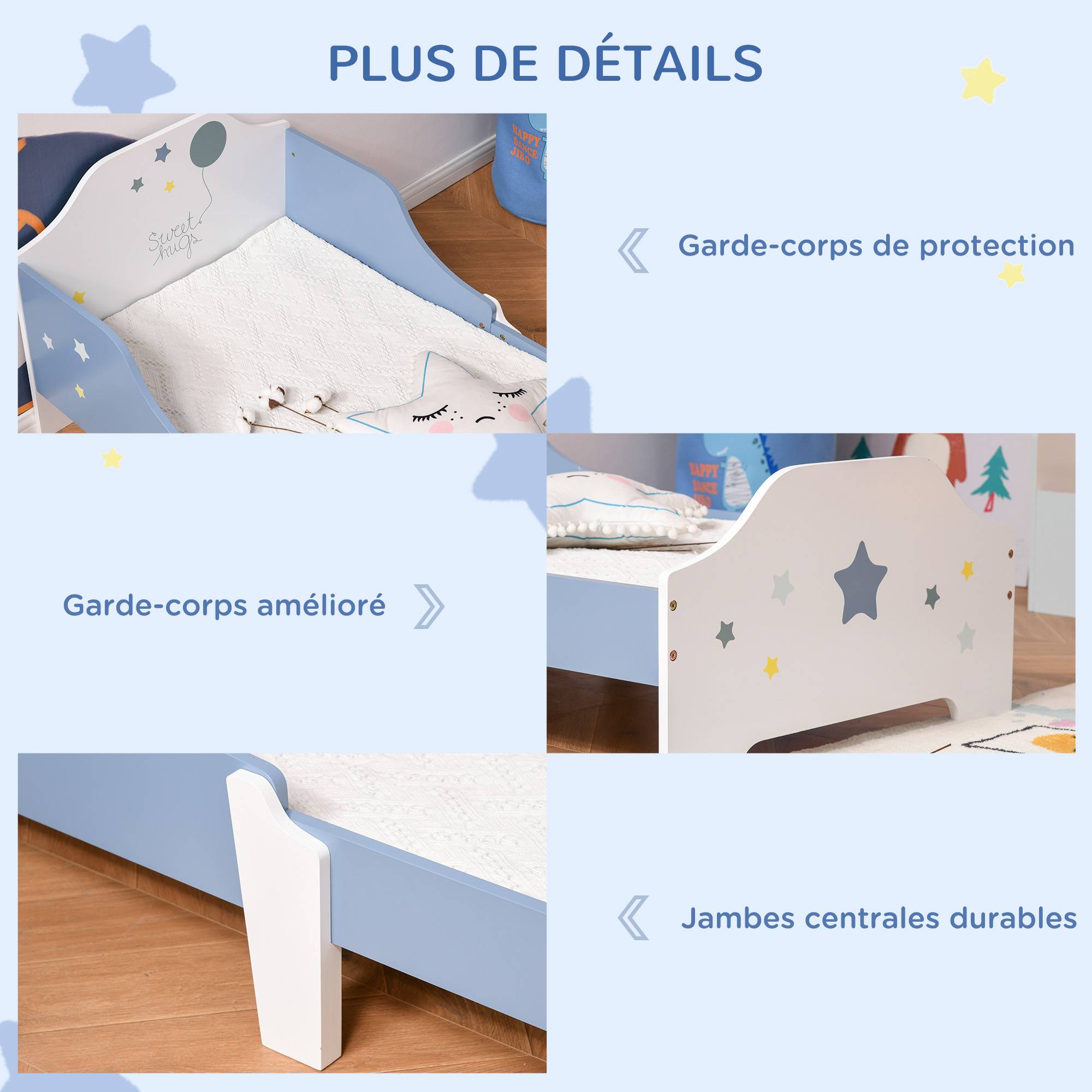 Lit pour enfants de 3 à 6 ans design étoiles sommier à lattes inclus chambre moderne 143 x 74 x 59 cm bleu blanc - Image 6