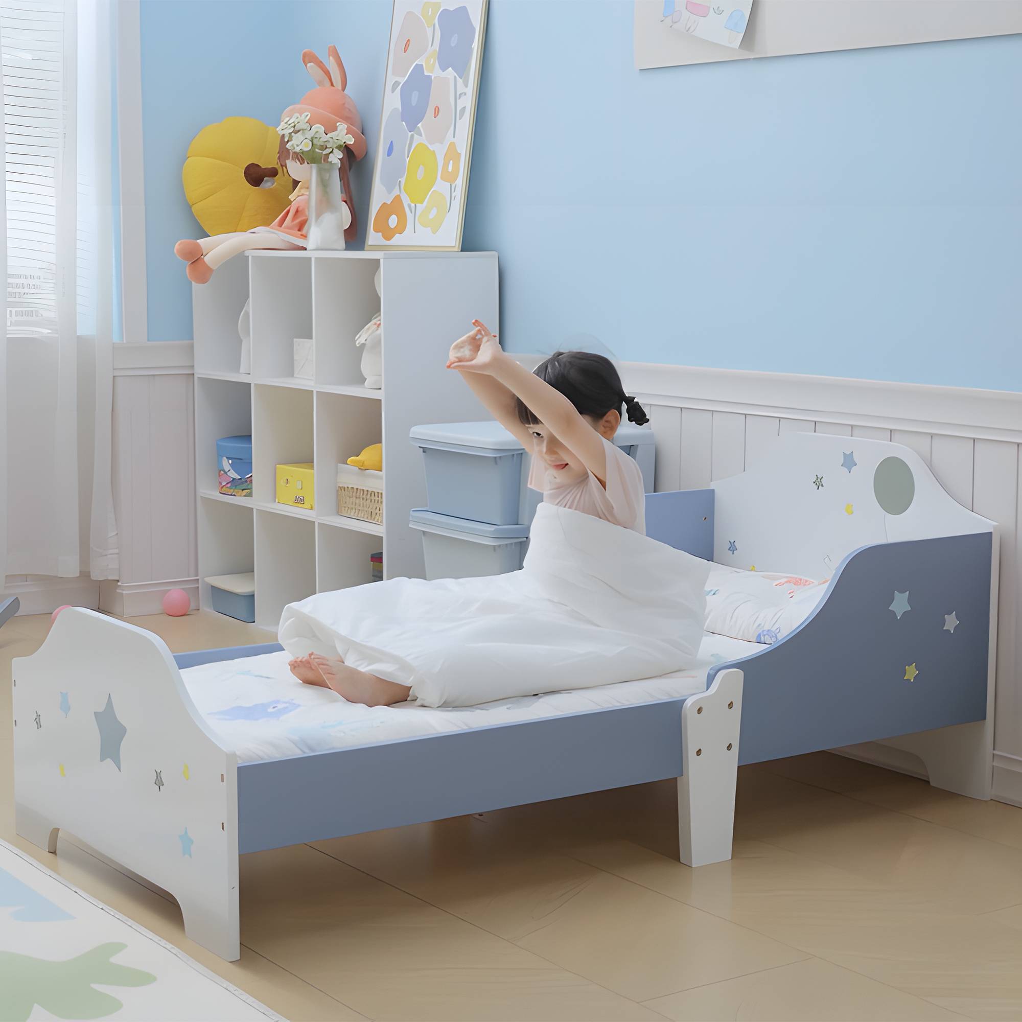 Lit pour enfants de 3 à 6 ans design étoiles sommier à lattes inclus chambre moderne 143 x 74 x 59 cm bleu blanc - Image 10