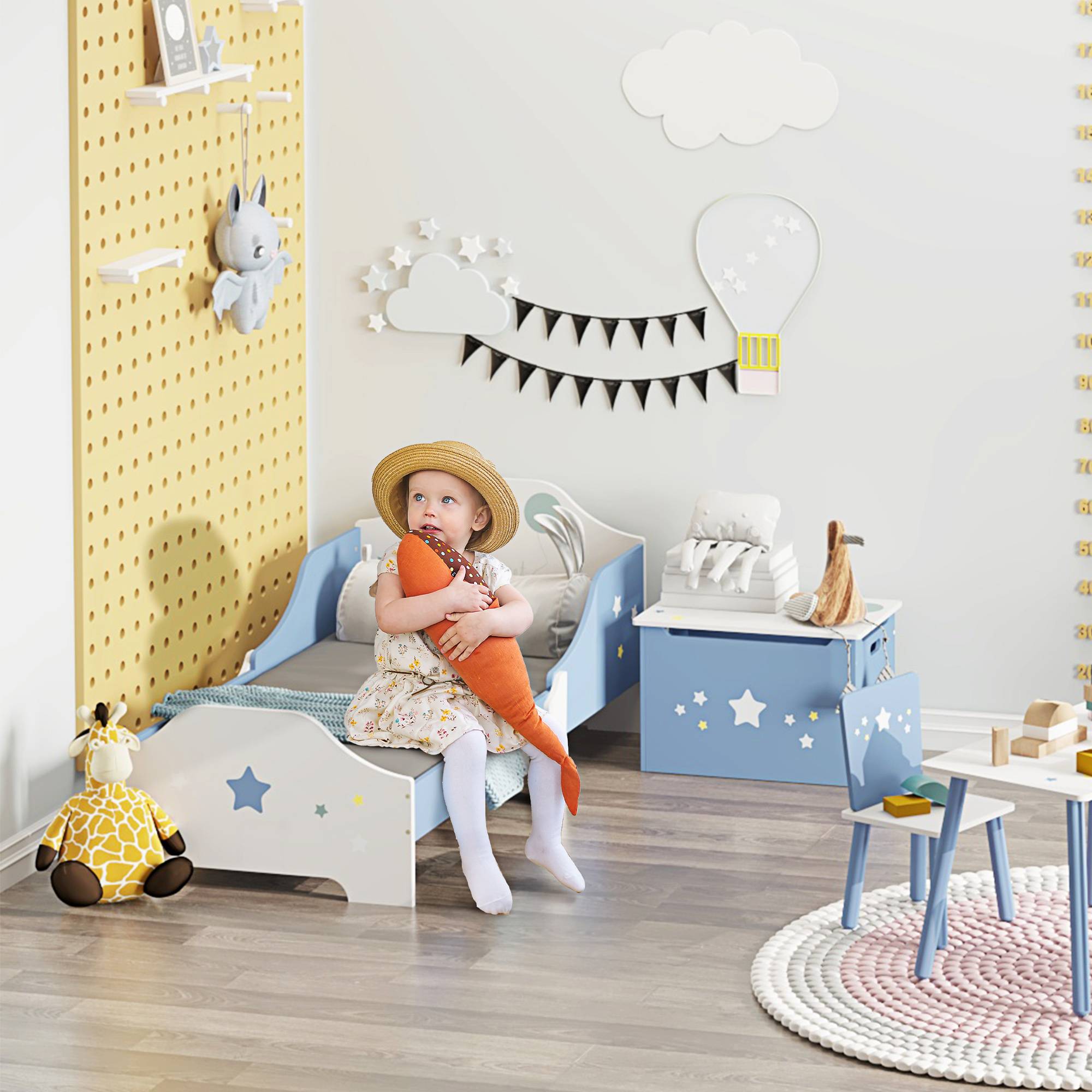 Lit pour enfants de 3 à 6 ans design étoiles sommier à lattes inclus chambre moderne 143 x 74 x 59 cm bleu blanc - Image 3