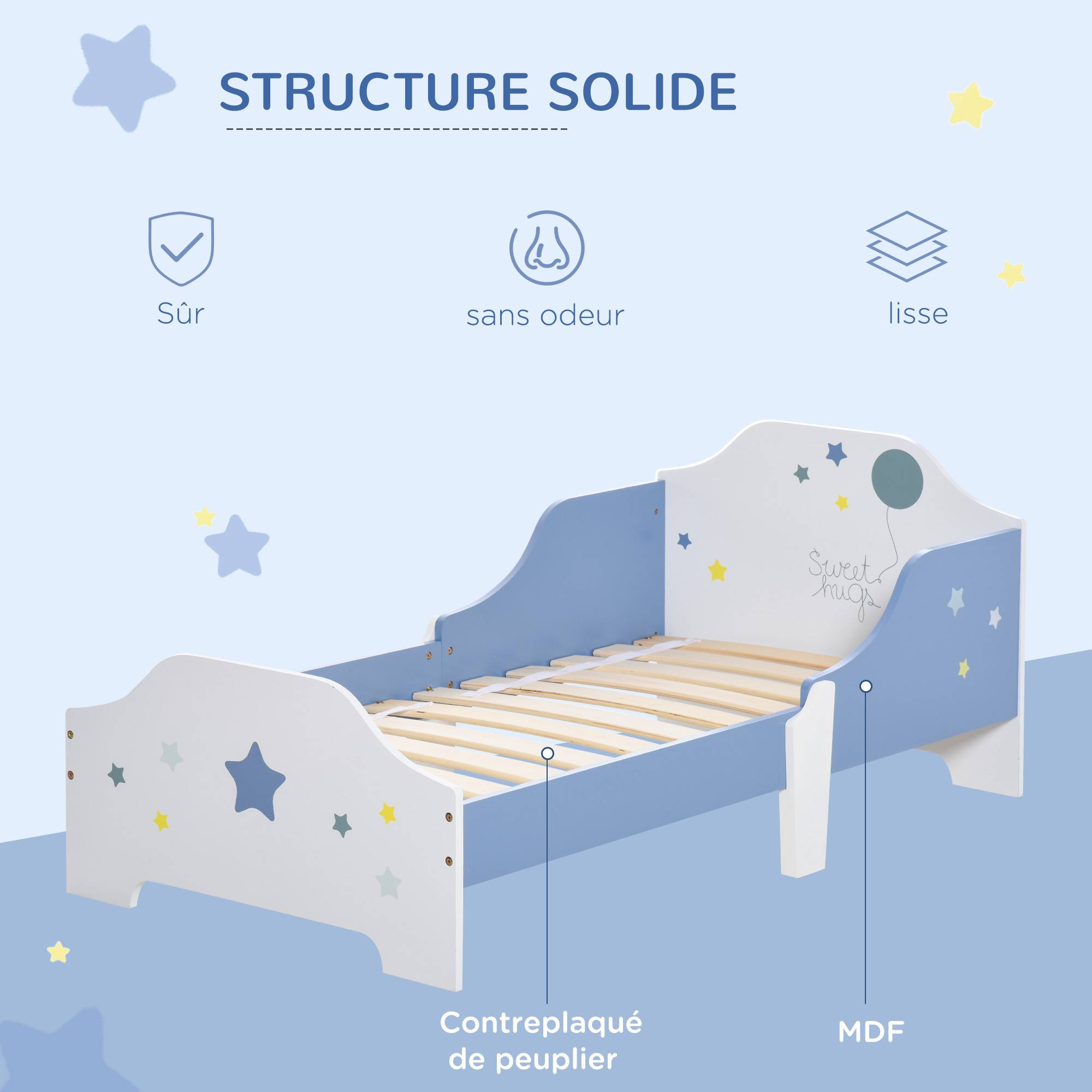Lit pour enfants de 3 à 6 ans design étoiles sommier à lattes inclus chambre moderne 143 x 74 x 59 cm bleu blanc - Image 7