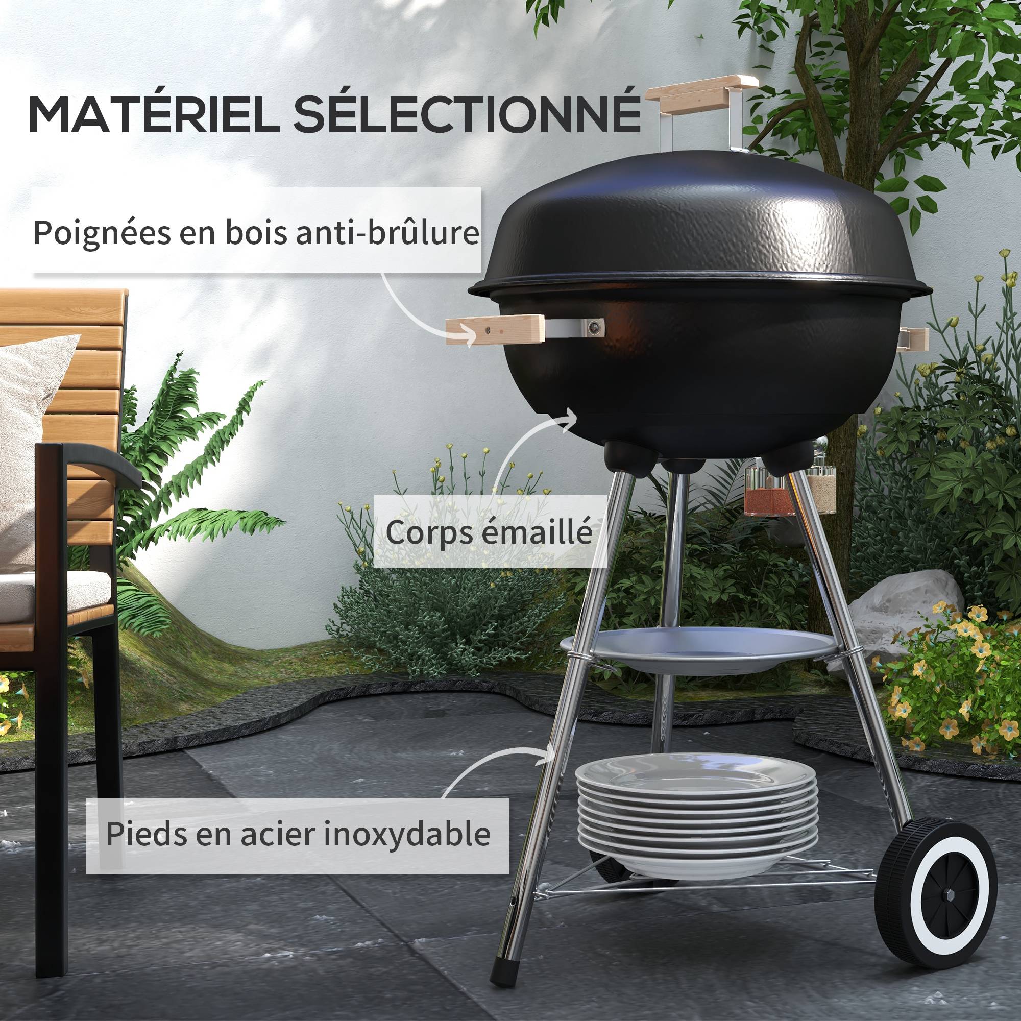 Barbecue rond charbon métal pour terrasse contrôle chaleur mobile noir 94 cm - ComfortXL Outdoor Living - Image 8
