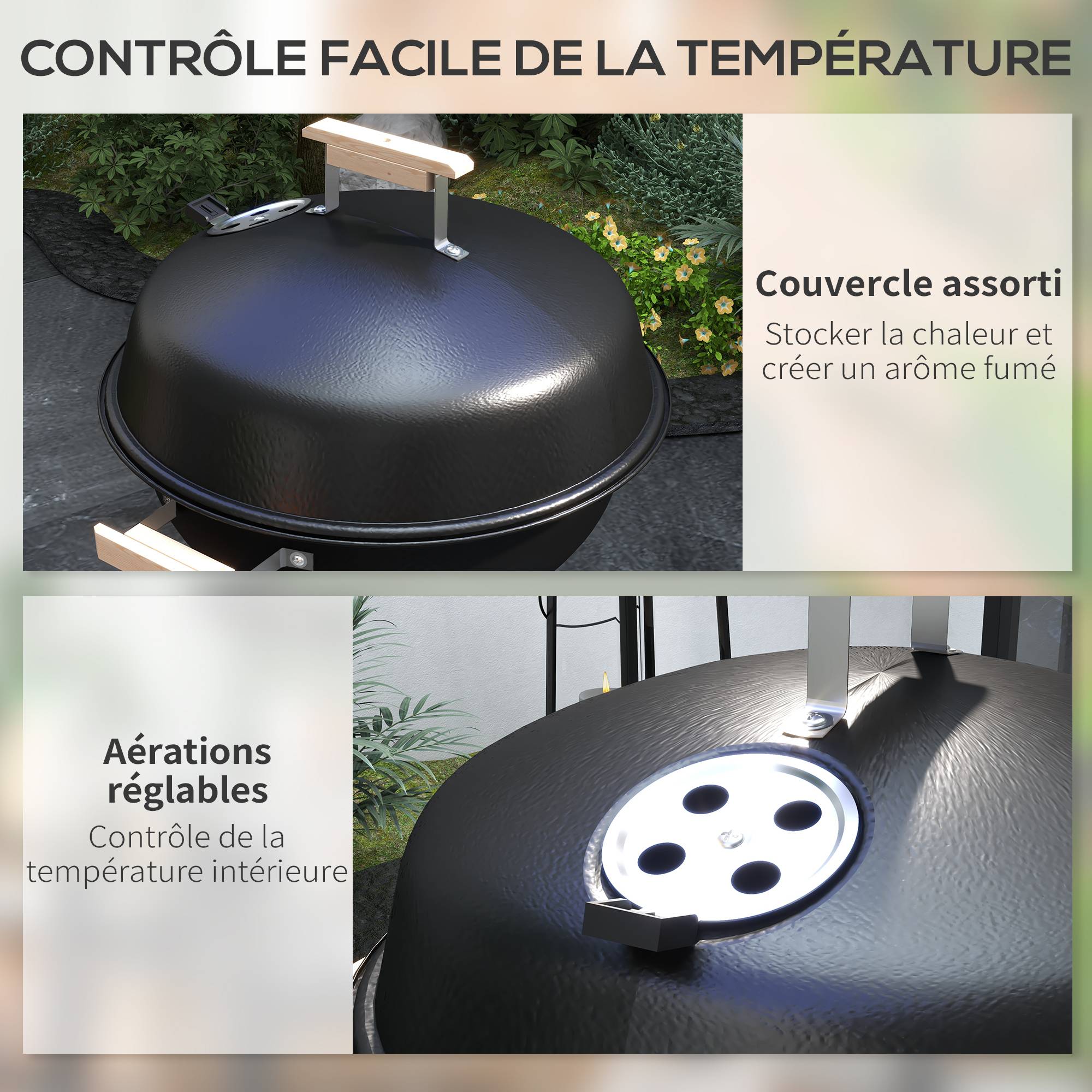 Barbecue rond charbon métal pour terrasse contrôle chaleur mobile noir 94 cm - ComfortXL Outdoor Living - Image 7