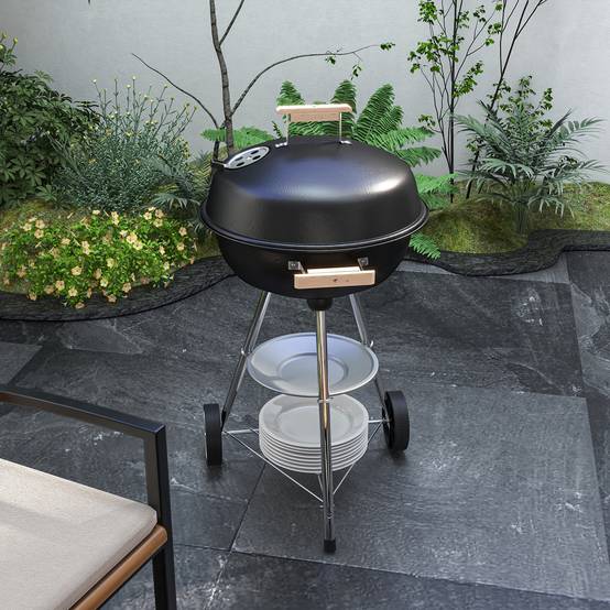 Barbecue rond charbon métal pour terrasse contrôle chaleur mobile noir 94 cm - ComfortXL Outdoor Living - Image 3