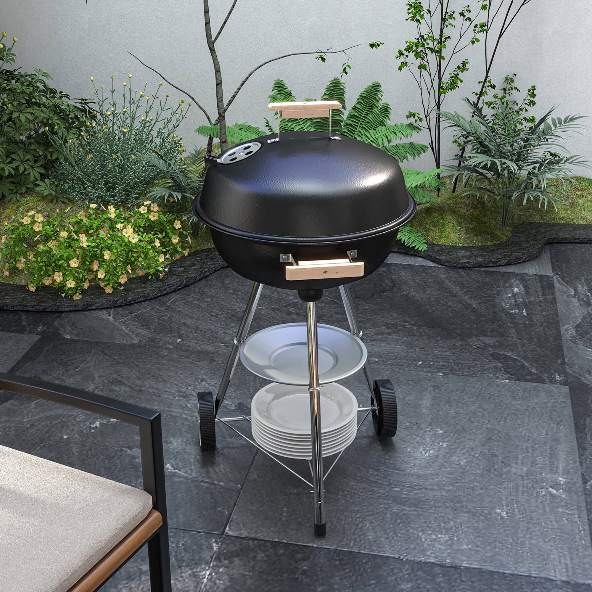Barbecue rond charbon métal pour terrasse contrôle chaleur mobile noir 94 cm - ComfortXL Outdoor Living - Image 3