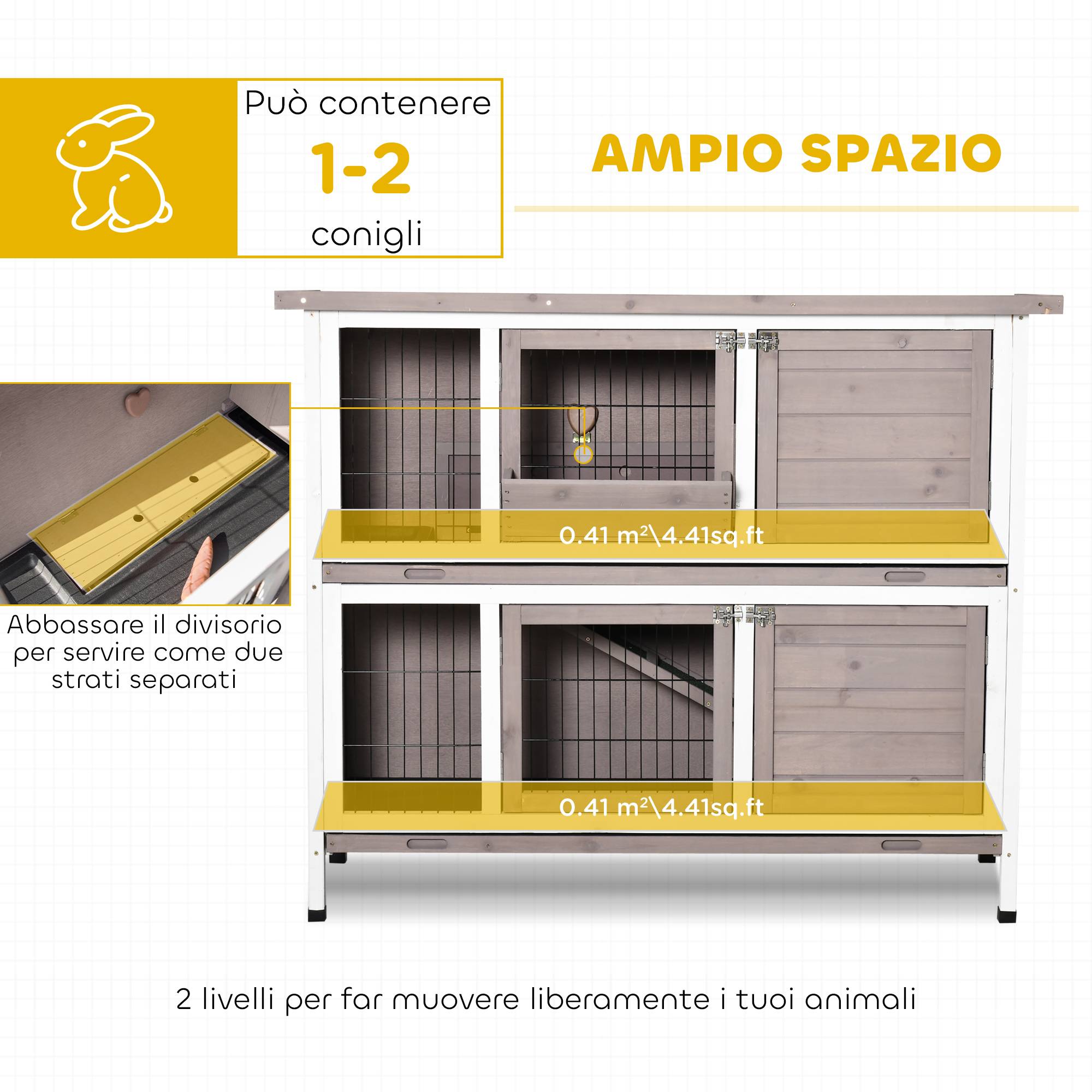 Clapier en bois à 2 niveaux avec toit ouvrant, mangeoire et plateaux amovibles, 122 x 50 x 101 cm, marron - Image 6