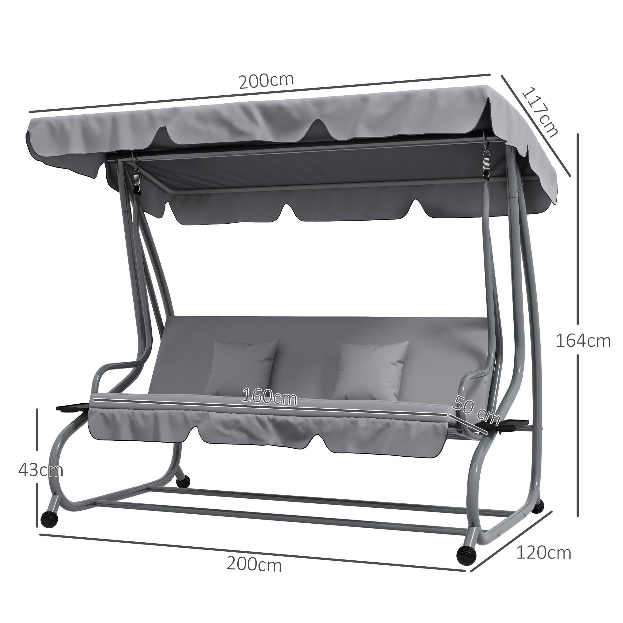 Balancelle Hollywood 2 en 1 avec fonction inclinable, capote réglable, jusqu'à 340 kg, acier, 200 x 120 x 164 cm, grise - Image 5