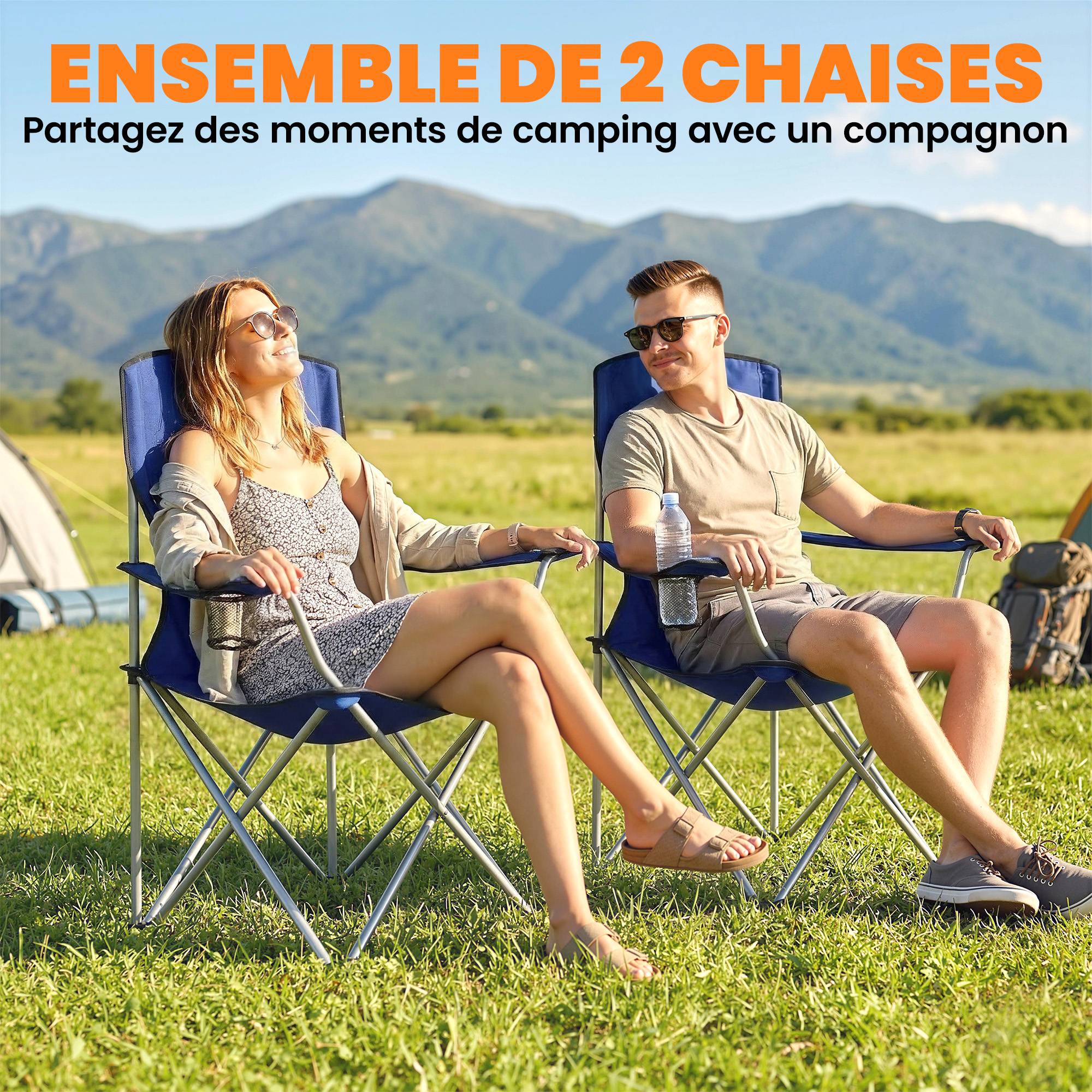 Lot de 2 chaises de camping pliantes métal et tissu bleu foncé 88 x 57 x 97 cm - PANGIVO - Image 6