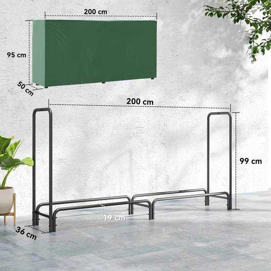 Range‑bûches avec couvercle et étagère, charge 200 kg, 200x36x99 cm, vert foncé‑noir - Image 5