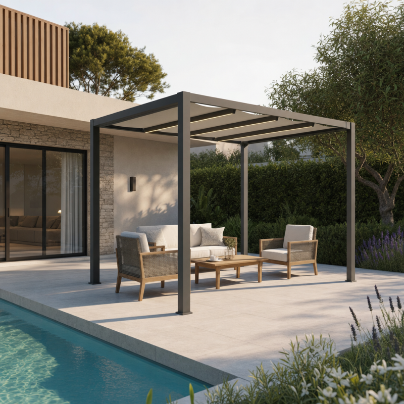 Pergola autoportante aluminium 3x3m toile rétractable motorisée anthracite X-Metal - Image 1