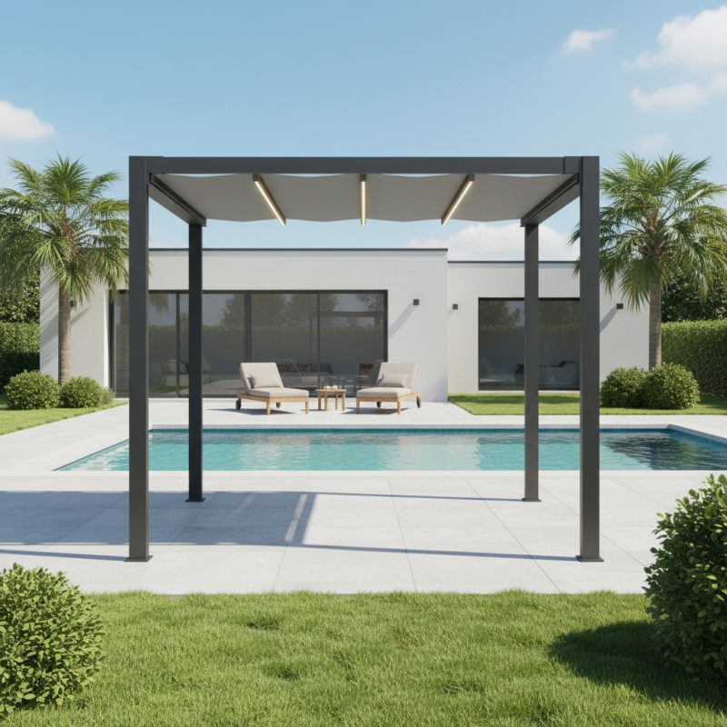 Pergola autoportante aluminium 3x3m toile rétractable motorisée anthracite X-Metal - Image 3