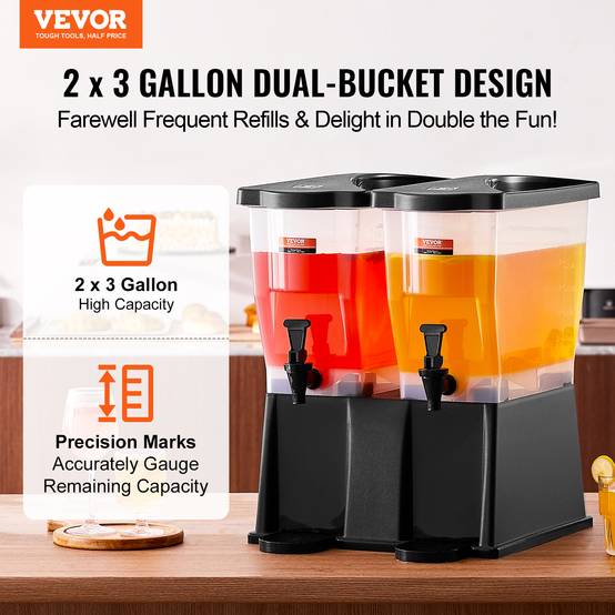 VEVOR Distributeur boissons grande capacité 2x11 L, plastique, robinet, couvercle. Pour jus, limonade, thé glacé. - Image 2