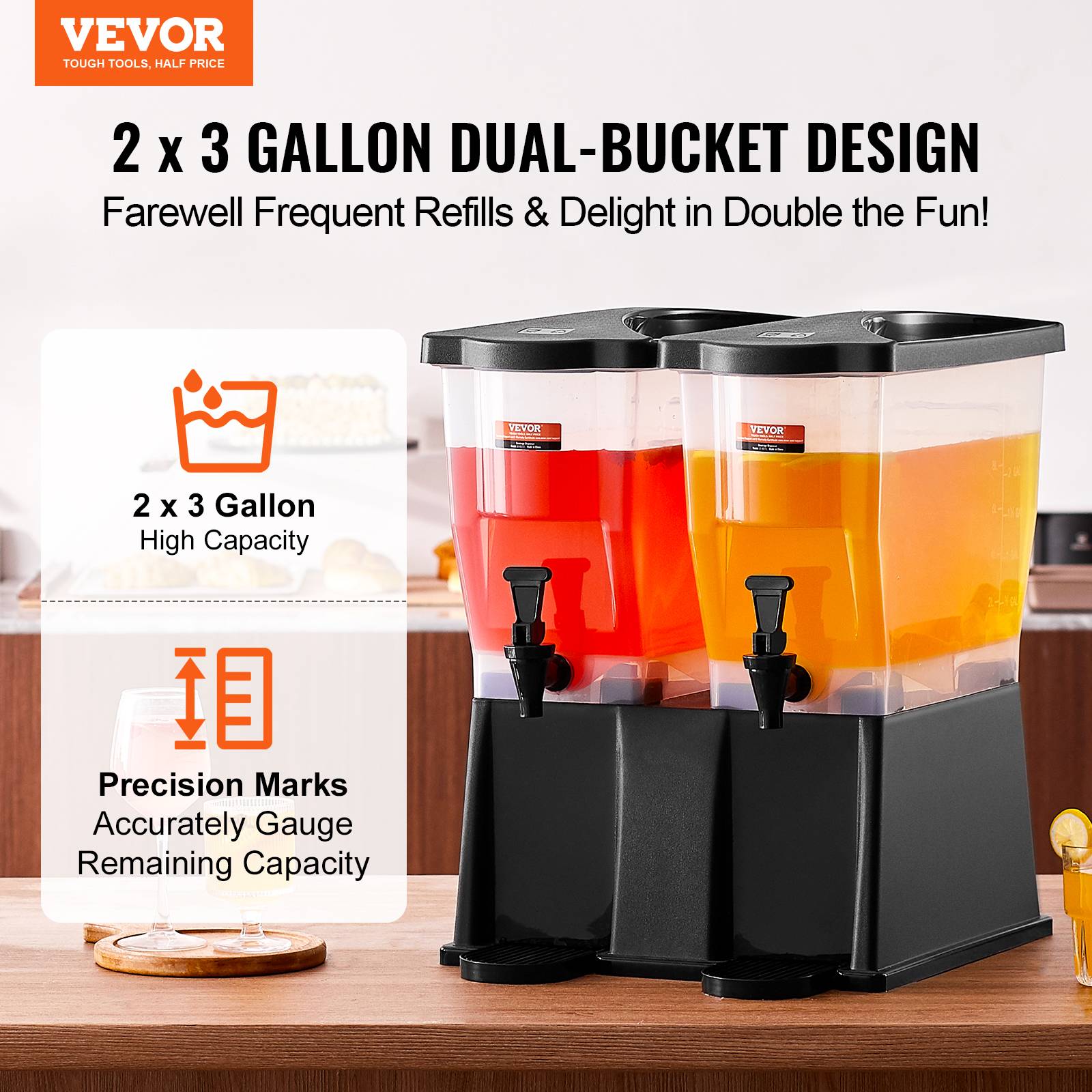 VEVOR Distributeur boissons grande capacité 2x11 L, plastique, robinet, couvercle. Pour jus, limonade, thé glacé. - Image 2