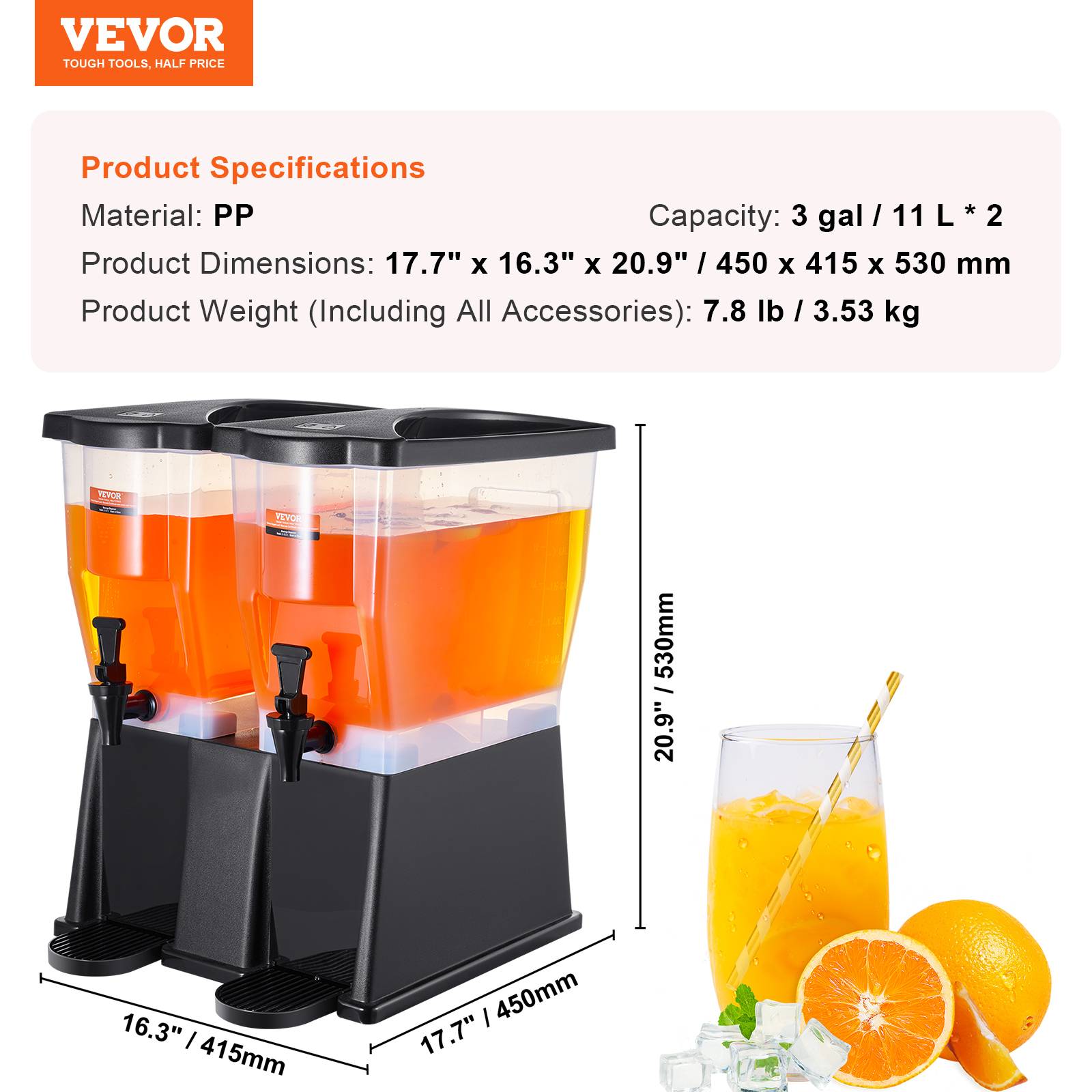 VEVOR Distributeur boissons grande capacité 2x11 L, plastique, robinet, couvercle. Pour jus, limonade, thé glacé. - Image 7