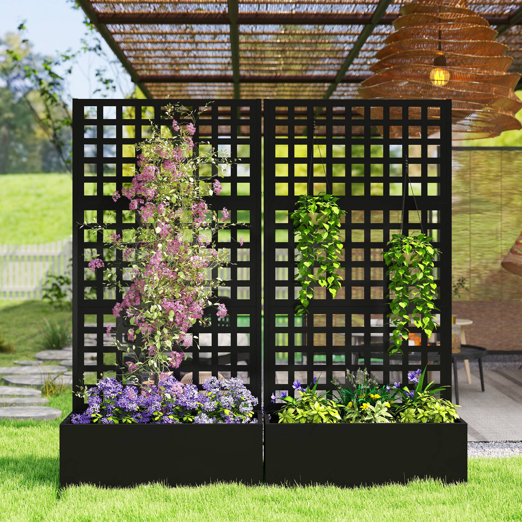 Outsunny - Jardinière avec treillis brise-vue lit surélevé 89x40x178cm bac à fleurs balcon terrasse patio acier galvanisé noir - Outsunny - Image 6