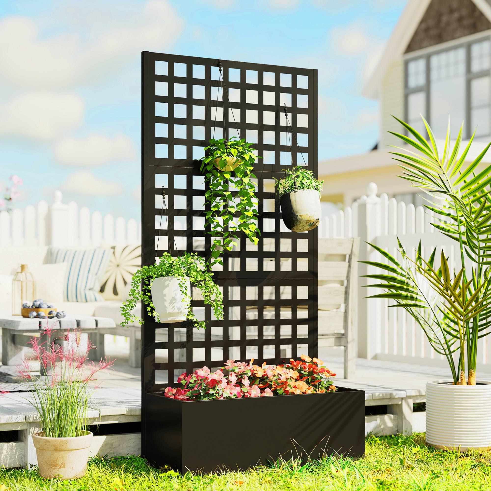 Outsunny - Jardinière avec treillis brise-vue lit surélevé 89x40x178cm bac à fleurs balcon terrasse patio acier galvanisé noir - Outsunny - Image 2