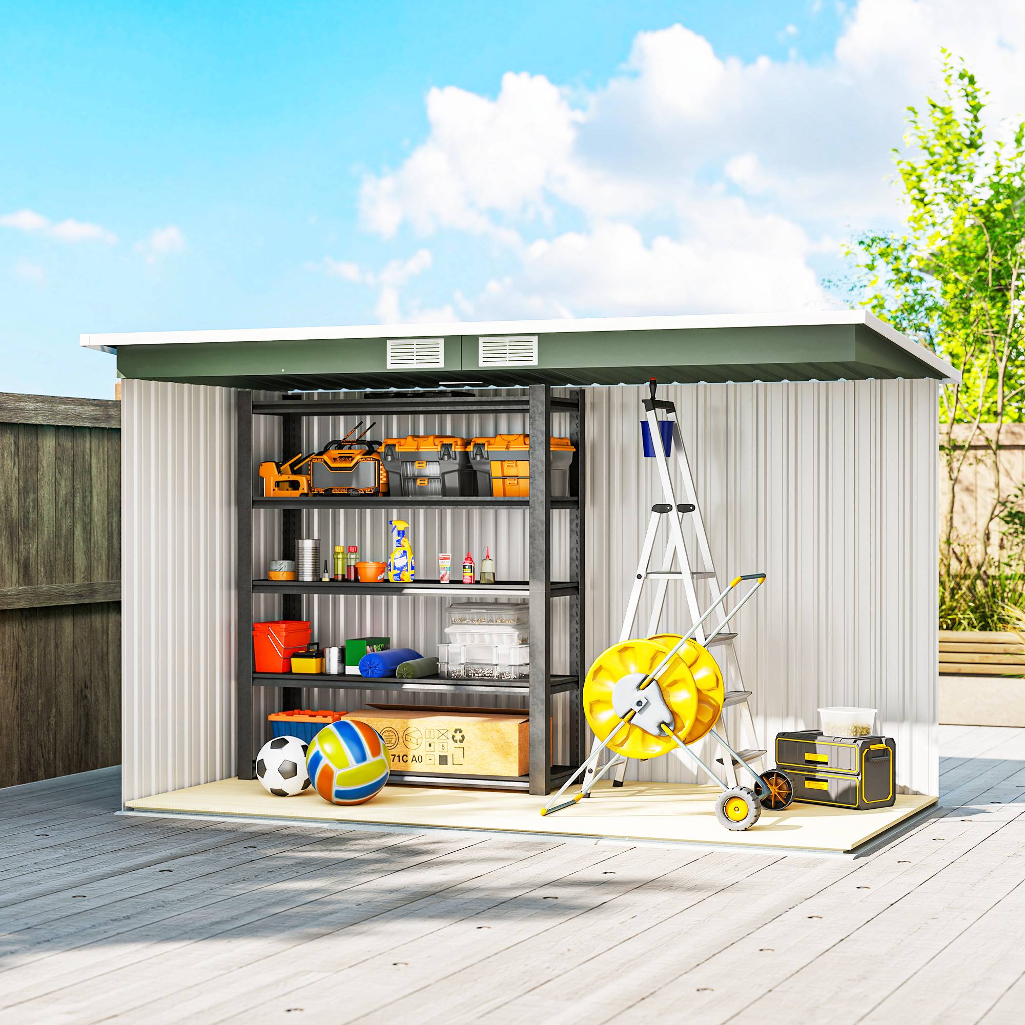 Outsunny - Abri de Jardin Remise à Outils 3,6m² (280x130x172cm) avec kit fondation et portes coulissantes acier galvanisé vert clair - Outsunny - Image 8