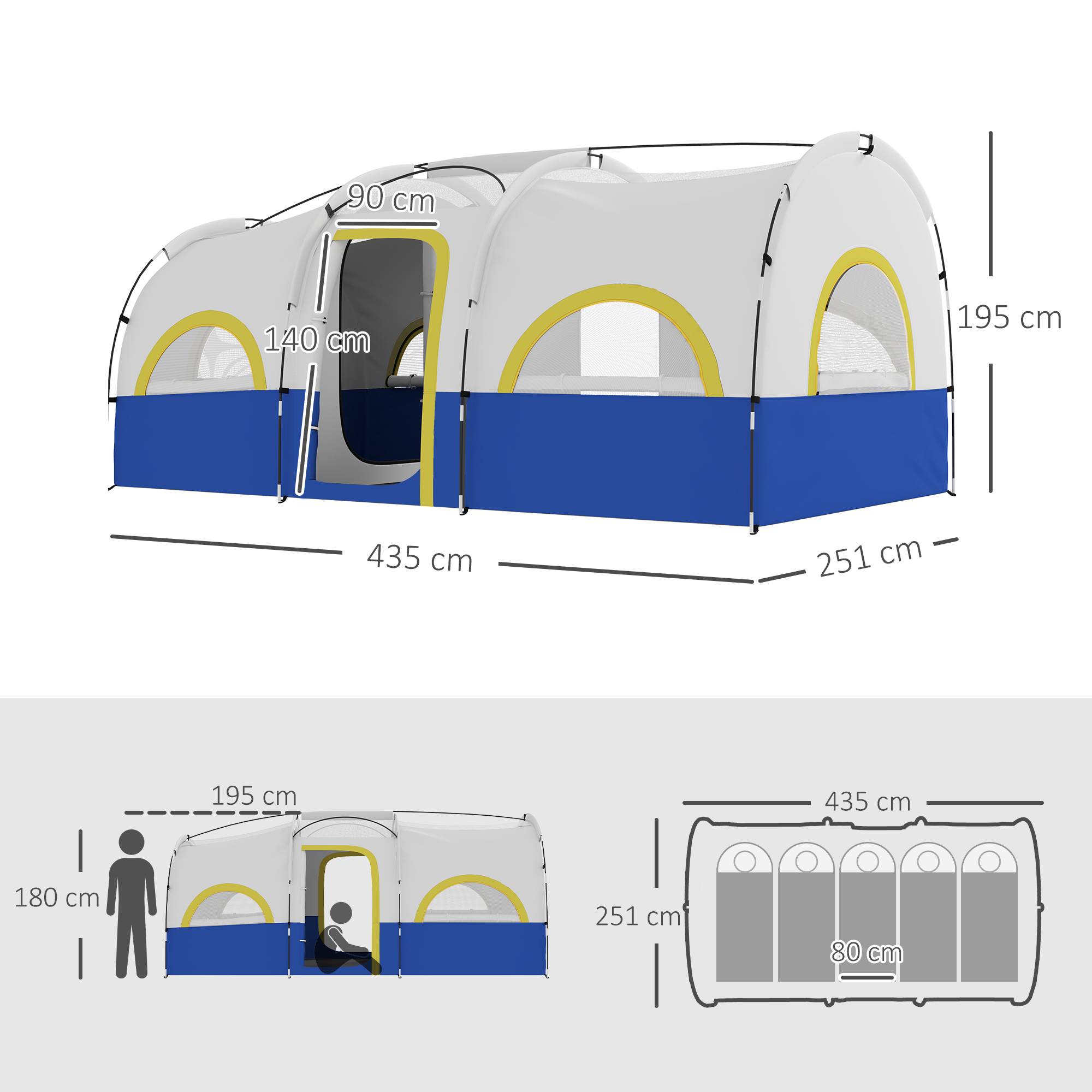Tente familiale pour 4 personnes, imperméable avec chambres séparées, 435 x 251 x 195 cm, bleue et blanche - Image 5