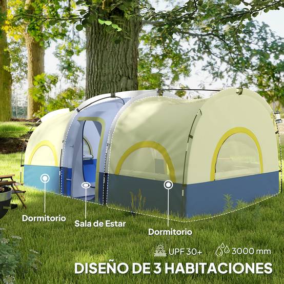 Tente familiale pour 4 personnes, imperméable avec chambres séparées, 435 x 251 x 195 cm, bleue et blanche - Image 6
