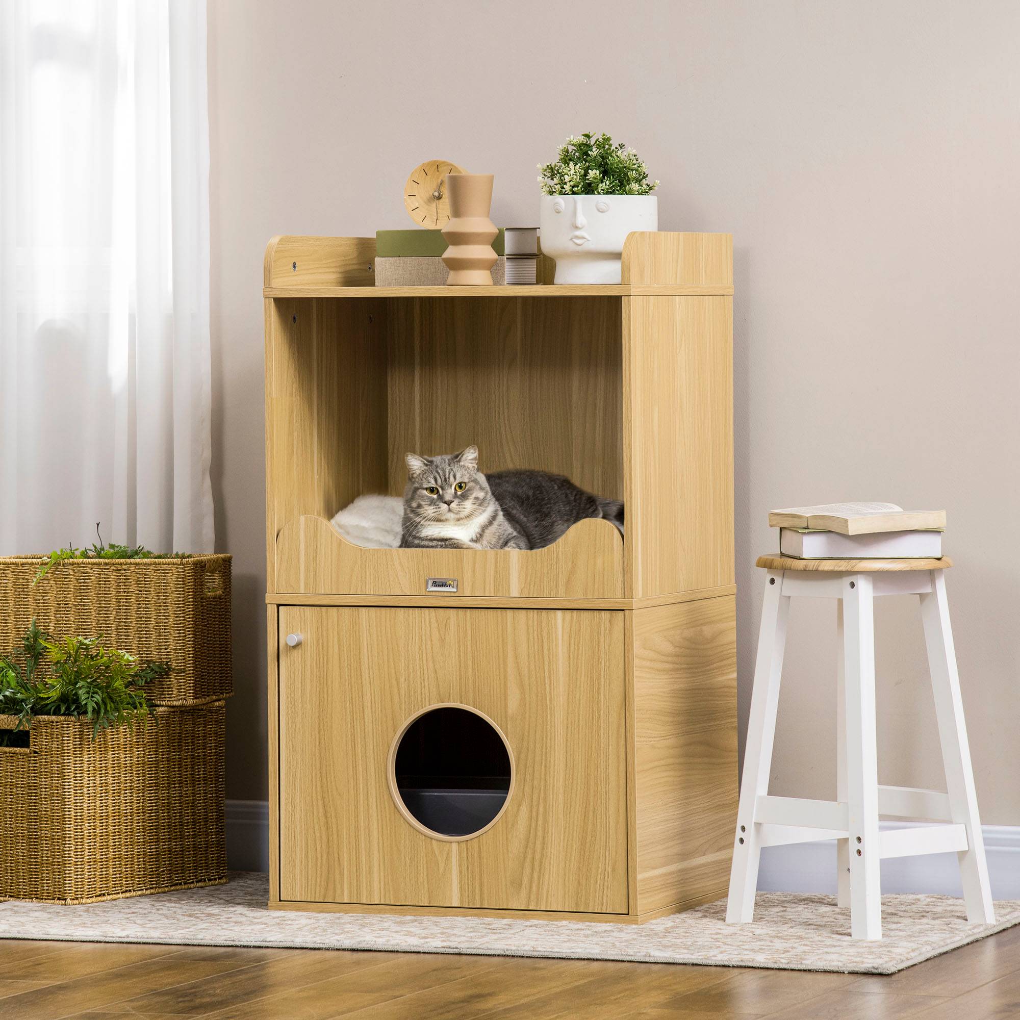 PANGIVO - Meuble litière pour chat panneaux de particules acier noir et bois clair 60 x 45 x 103 cm - PANGIVO - Image 3
