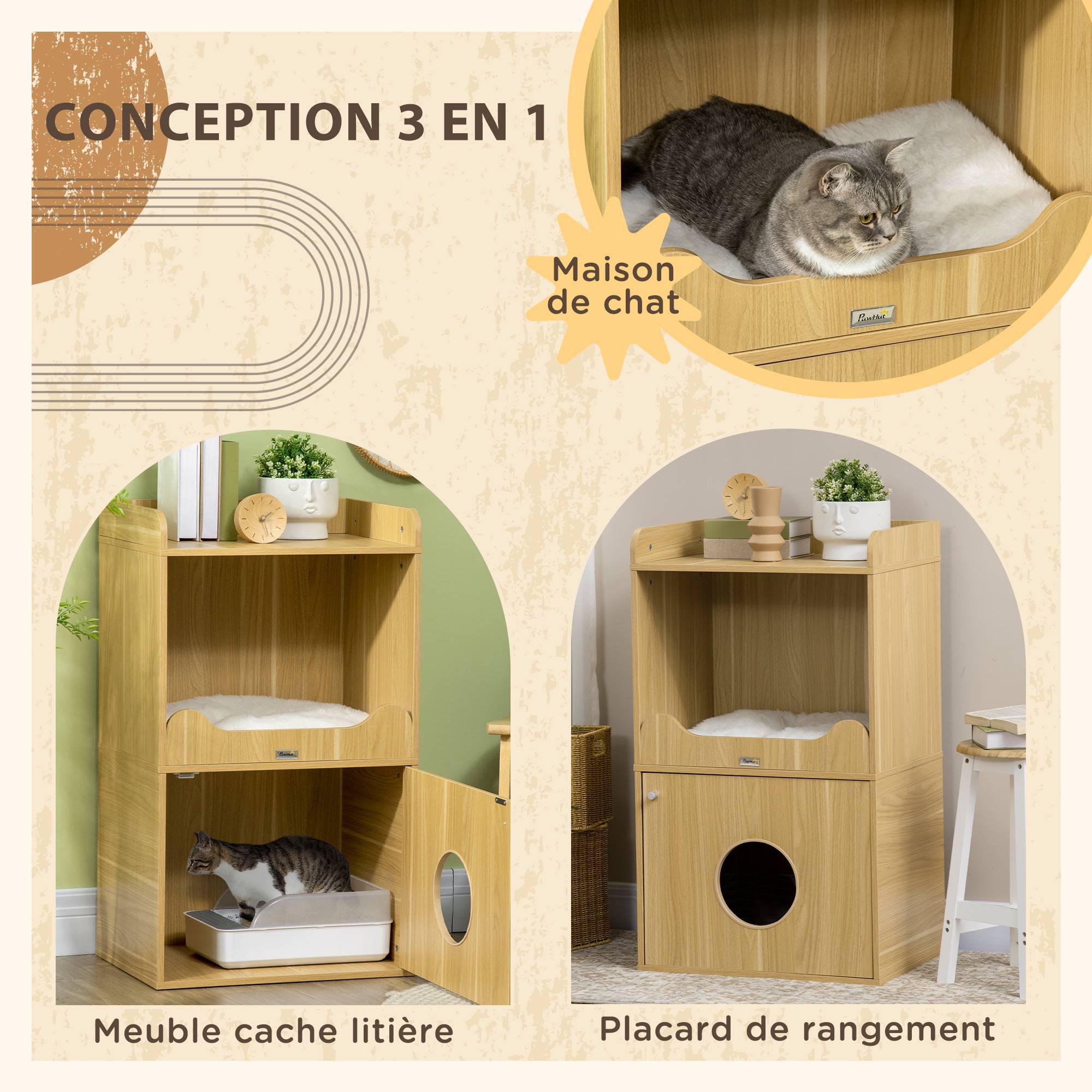 PANGIVO - Meuble litière pour chat panneaux de particules acier noir et bois clair 60 x 45 x 103 cm - PANGIVO - Image 6