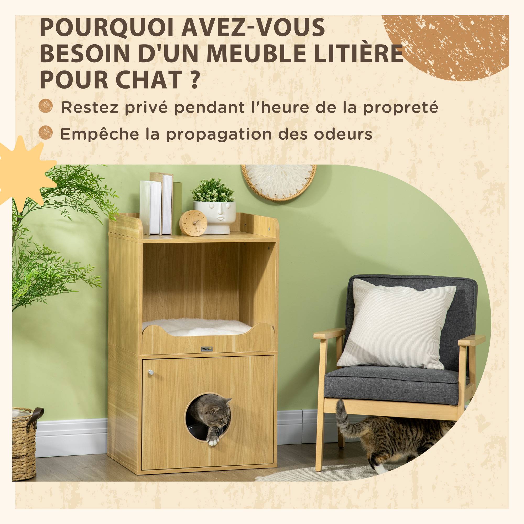 PANGIVO - Meuble litière pour chat panneaux de particules acier noir et bois clair 60 x 45 x 103 cm - PANGIVO - Image 9