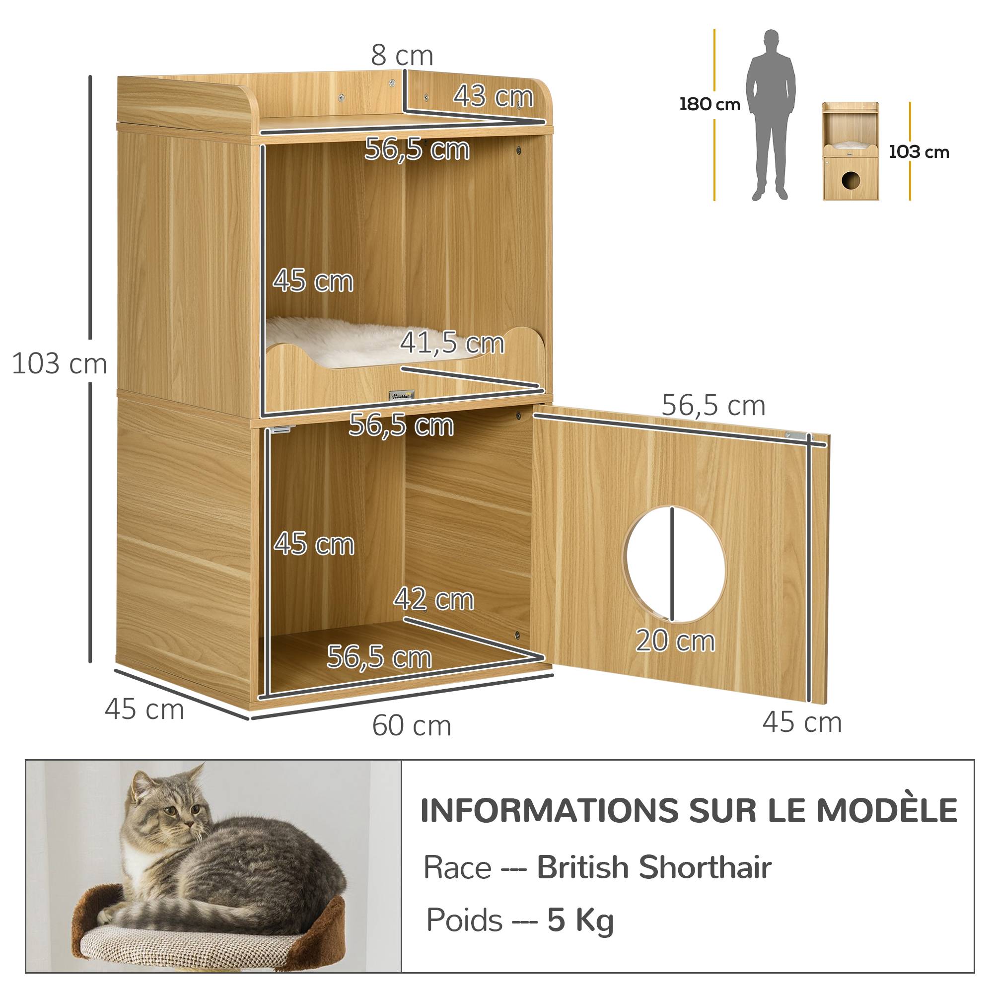 PANGIVO - Meuble litière pour chat panneaux de particules acier noir et bois clair 60 x 45 x 103 cm - PANGIVO - Image 5