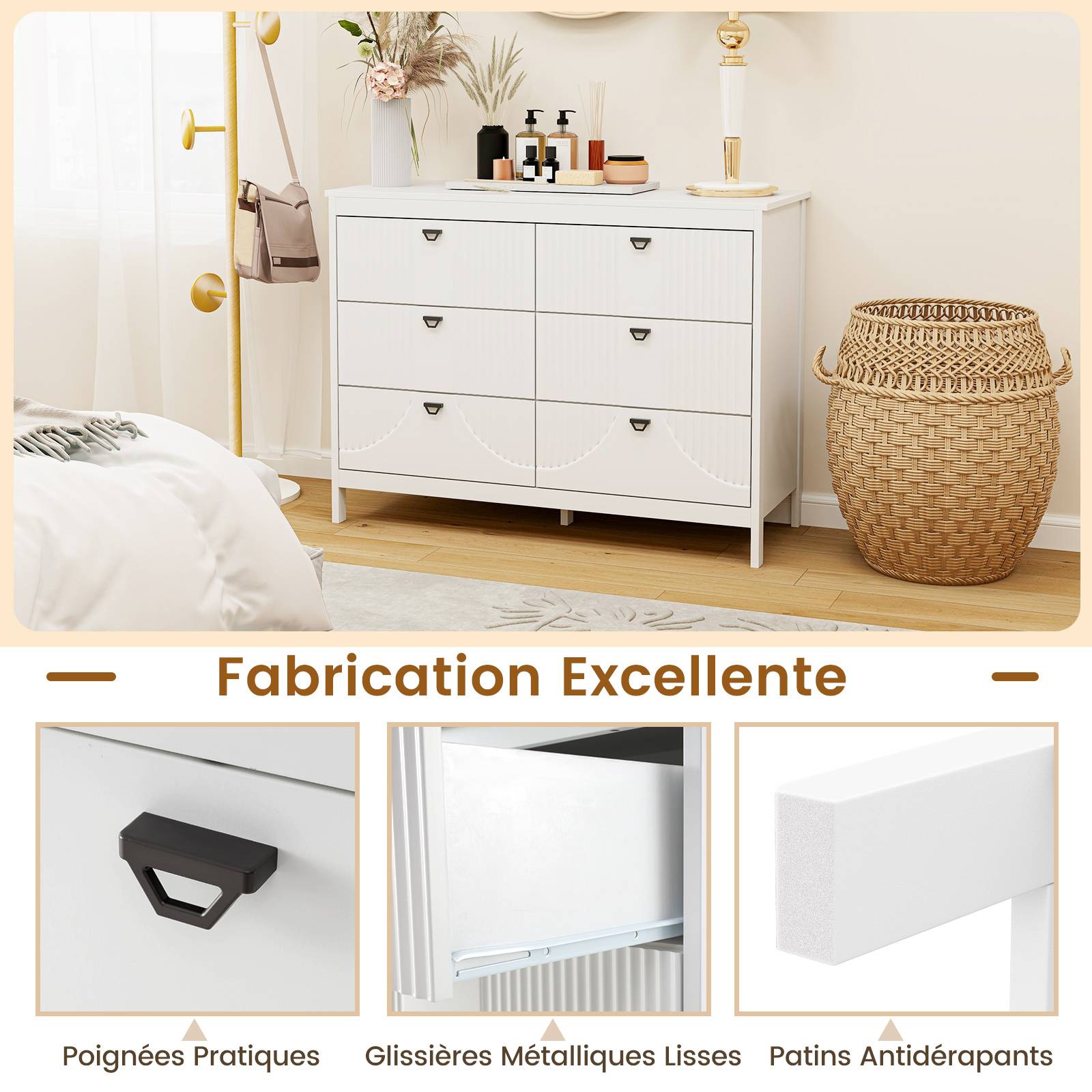 Commode 6 Tiroirs, Commode Blanche Bois pour Chambre, Meuble de Rangement Chambre avec Kit Anti-basculement, Chiffonnier Rangement Chambre - Image 4