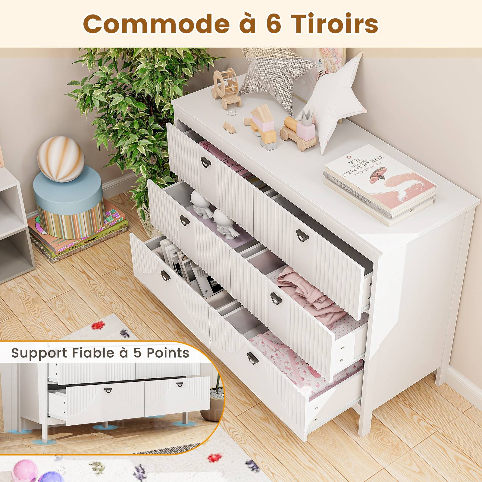 Commode 6 Tiroirs, Commode Blanche Bois pour Chambre, Meuble de Rangement Chambre avec Kit Anti-basculement, Chiffonnier Rangement Chambre - Image 3