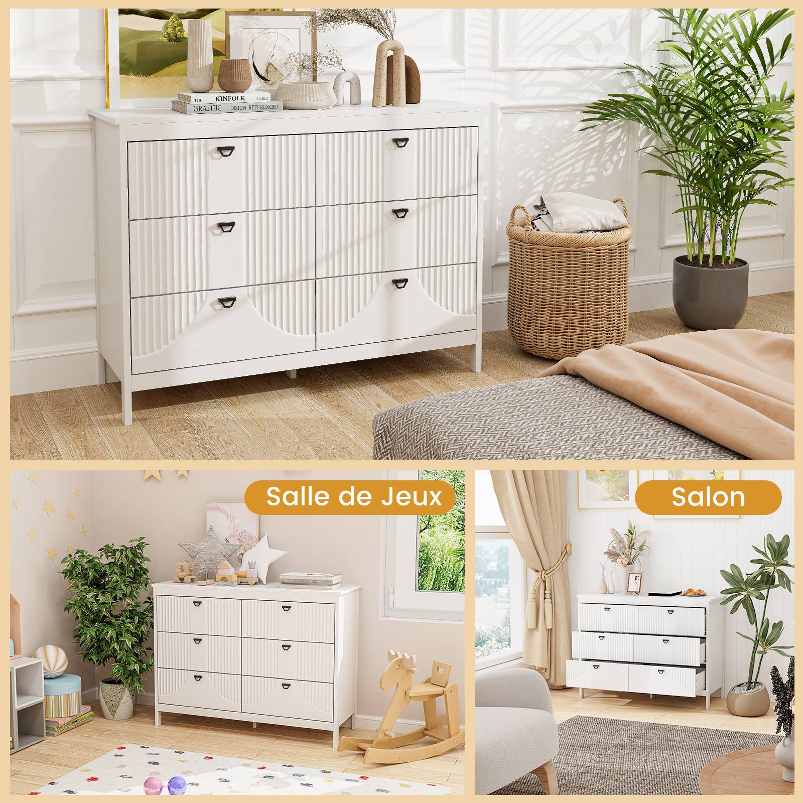 Commode 6 Tiroirs, Commode Blanche Bois pour Chambre, Meuble de Rangement Chambre avec Kit Anti-basculement, Chiffonnier Rangement Chambre - Image 6