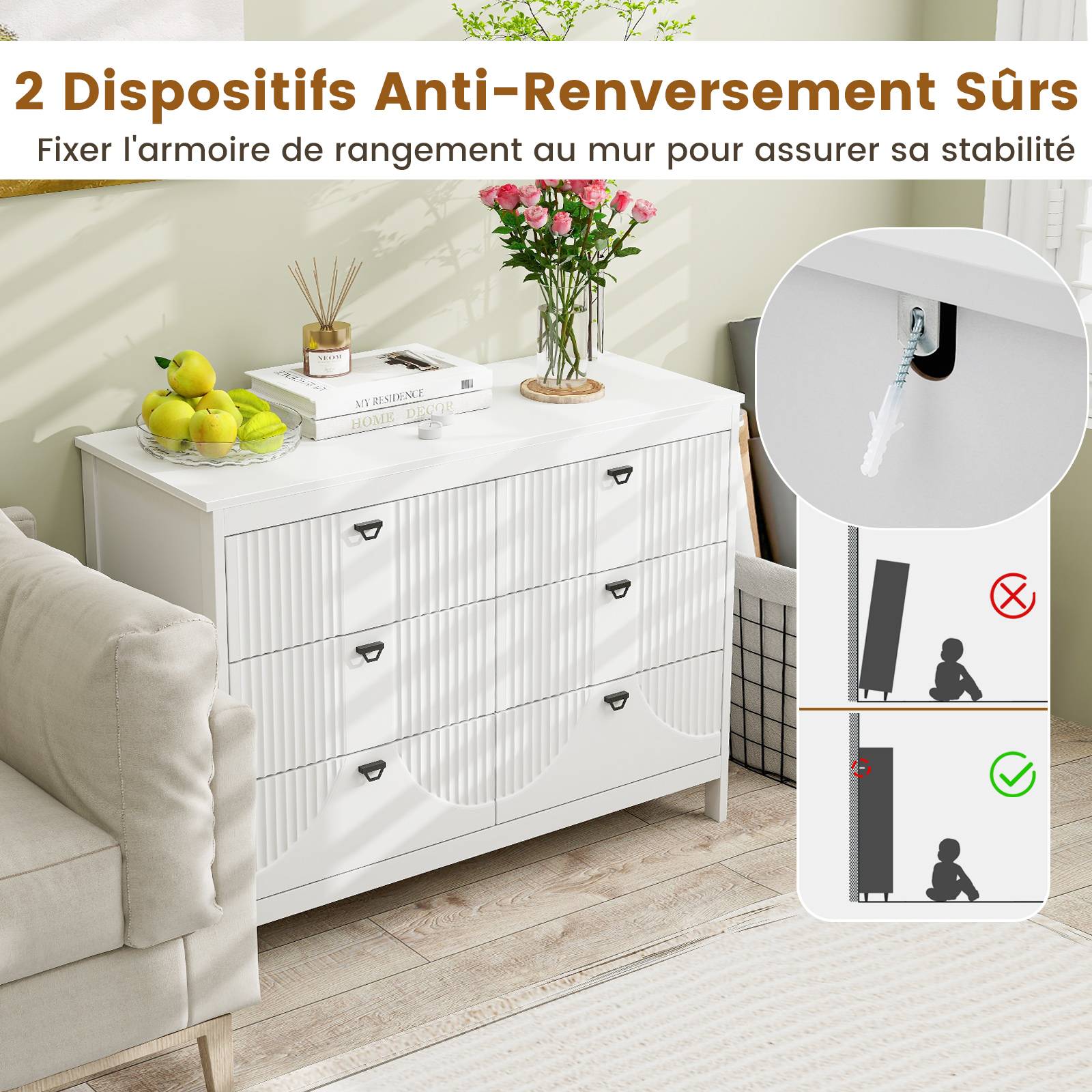 Commode 6 Tiroirs, Commode Blanche Bois pour Chambre, Meuble de Rangement Chambre avec Kit Anti-basculement, Chiffonnier Rangement Chambre - Image 5