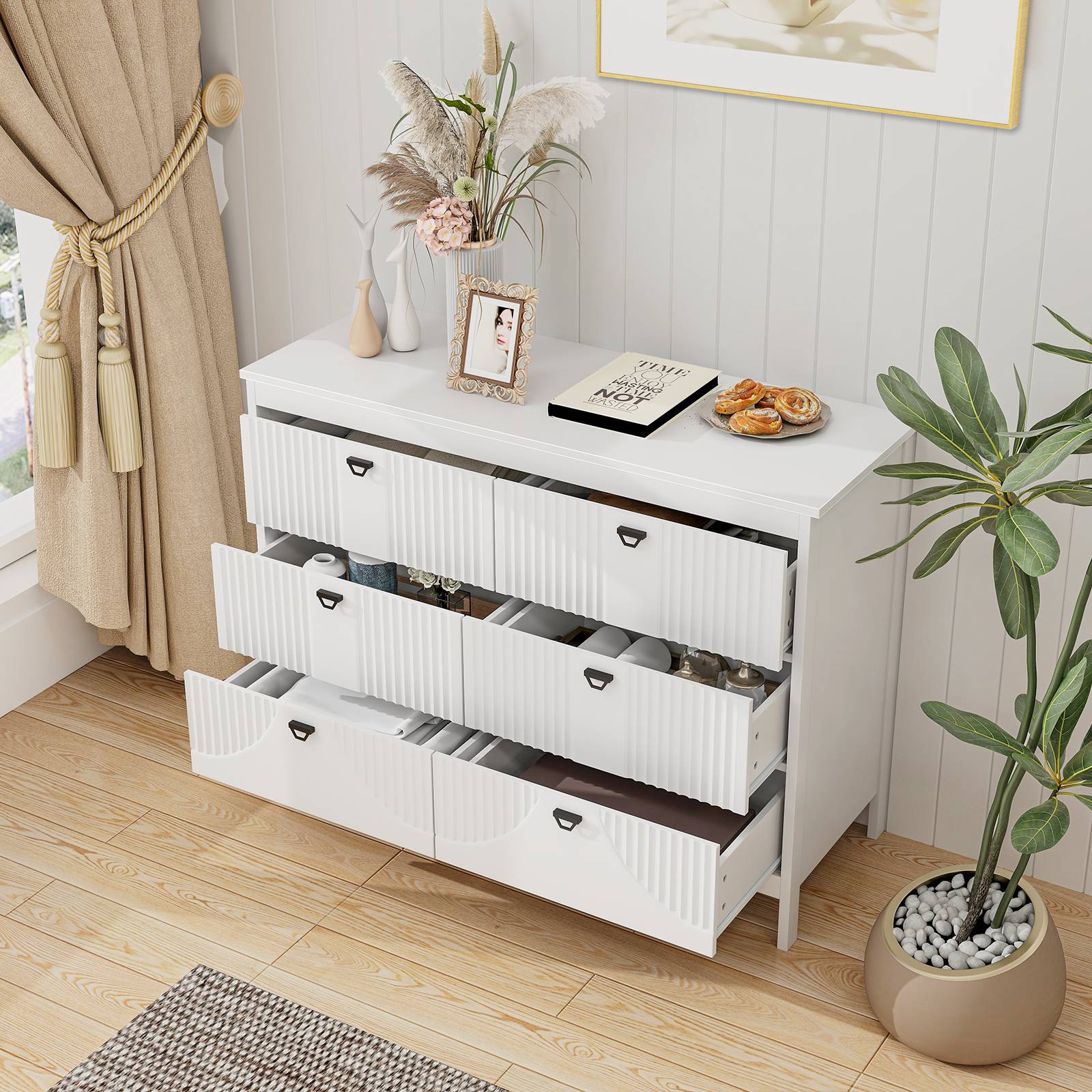 Commode 6 Tiroirs, Commode Blanche Bois pour Chambre, Meuble de Rangement Chambre avec Kit Anti-basculement, Chiffonnier Rangement Chambre - Image 7