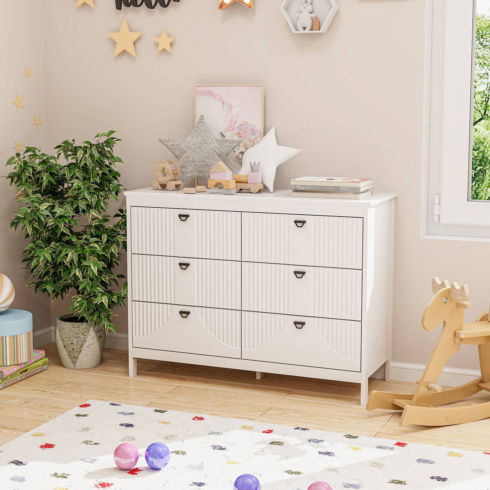 Commode 6 Tiroirs, Commode Blanche Bois pour Chambre, Meuble de Rangement Chambre avec Kit Anti-basculement, Chiffonnier Rangement Chambre - Image 9