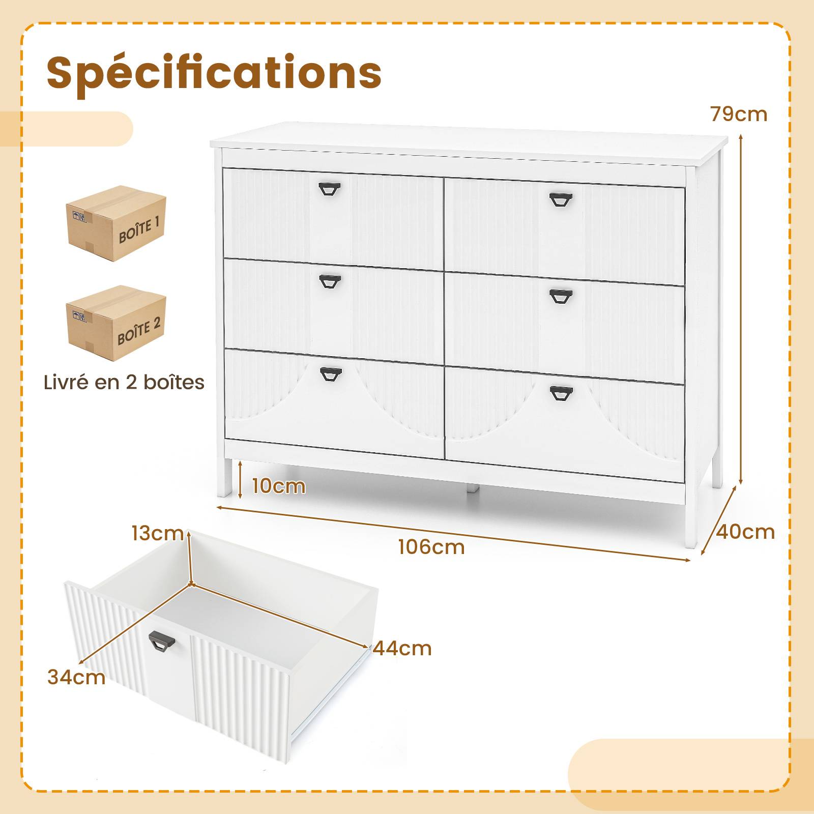 Commode 6 Tiroirs, Commode Blanche Bois pour Chambre, Meuble de Rangement Chambre avec Kit Anti-basculement, Chiffonnier Rangement Chambre - Image 2