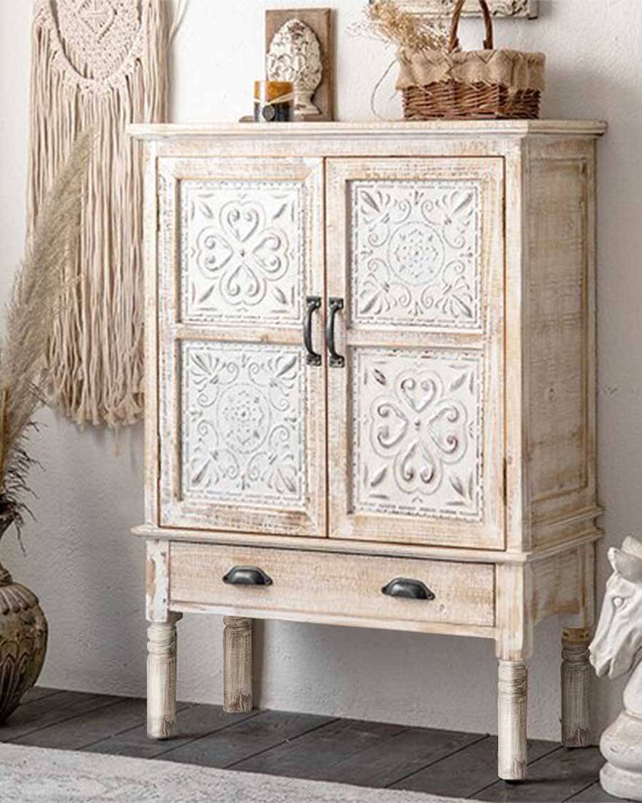 Mala - Buffet haut 2 portes en bois de manguier massif sculpté 85 cm - UNIQKA - Image 2