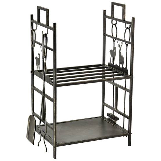 Porte-bûches avec serviteur de cheminée cerf, 2 étagères, rangement bois et accessoires, 51,5 x 33 x 77 cm, métal noir et or vieilli - Image 1