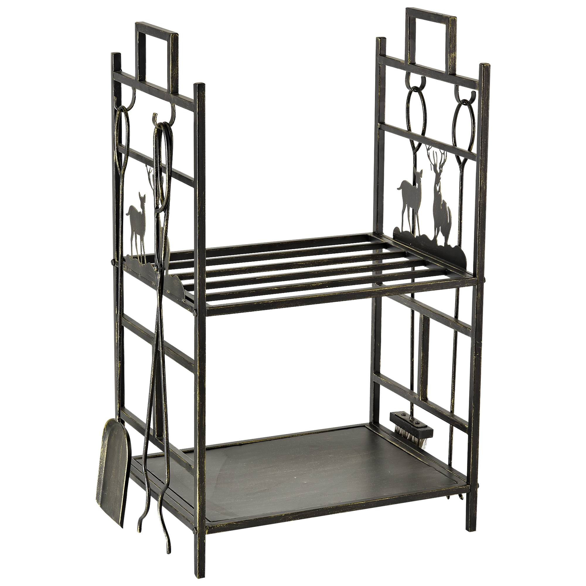 Porte-bûches avec serviteur de cheminée cerf, 2 étagères, rangement bois et accessoires, 51,5 x 33 x 77 cm, métal noir et or vieilli - Image 1
