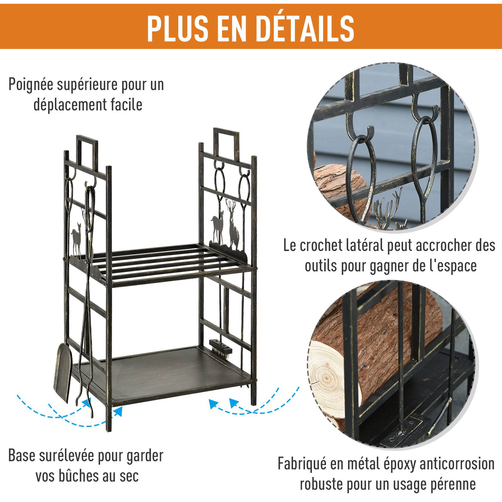 Porte-bûches avec serviteur de cheminée cerf, 2 étagères, rangement bois et accessoires, 51,5 x 33 x 77 cm, métal noir et or vieilli - Image 6