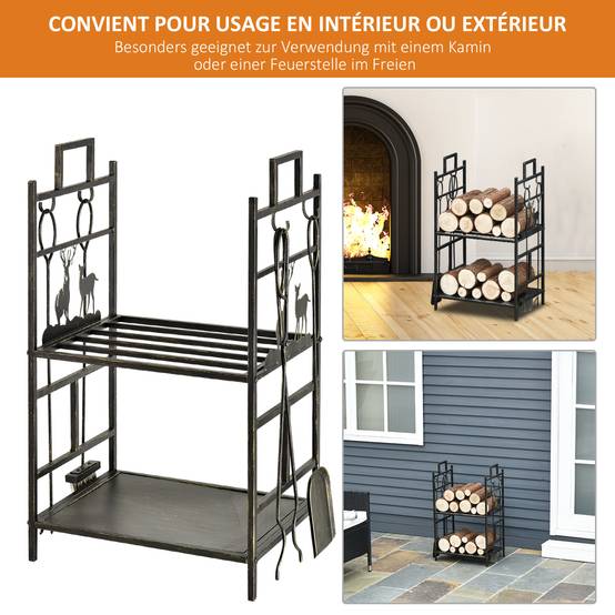 Porte-bûches avec serviteur de cheminée cerf, 2 étagères, rangement bois et accessoires, 51,5 x 33 x 77 cm, métal noir et or vieilli - Image 8