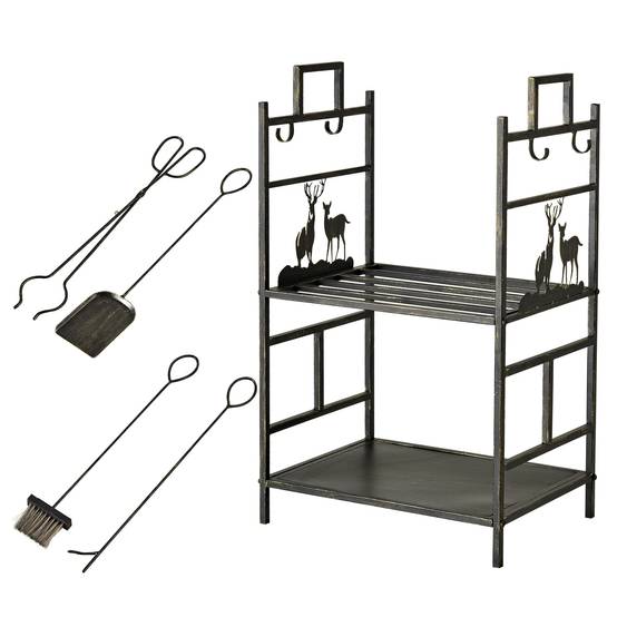Porte-bûches avec serviteur de cheminée cerf, 2 étagères, rangement bois et accessoires, 51,5 x 33 x 77 cm, métal noir et or vieilli - Image 2