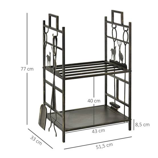 Porte-bûches avec serviteur de cheminée cerf, 2 étagères, rangement bois et accessoires, 51,5 x 33 x 77 cm, métal noir et or vieilli - Image 5