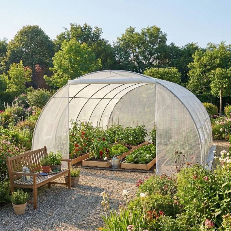 Serre tunnel 32m² PE armé 130gr/m² avec porte zippée et 10 lucarnes Green Protect - Image 1