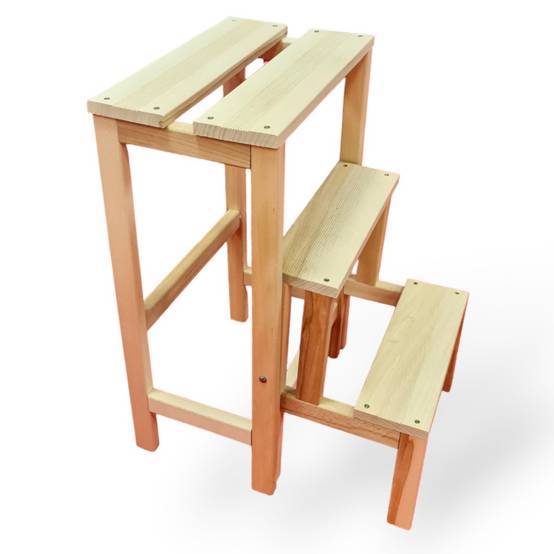 Escabeau Tabouret Marchepied 3 marches pliantes Bois massif 2en1 - Image 3