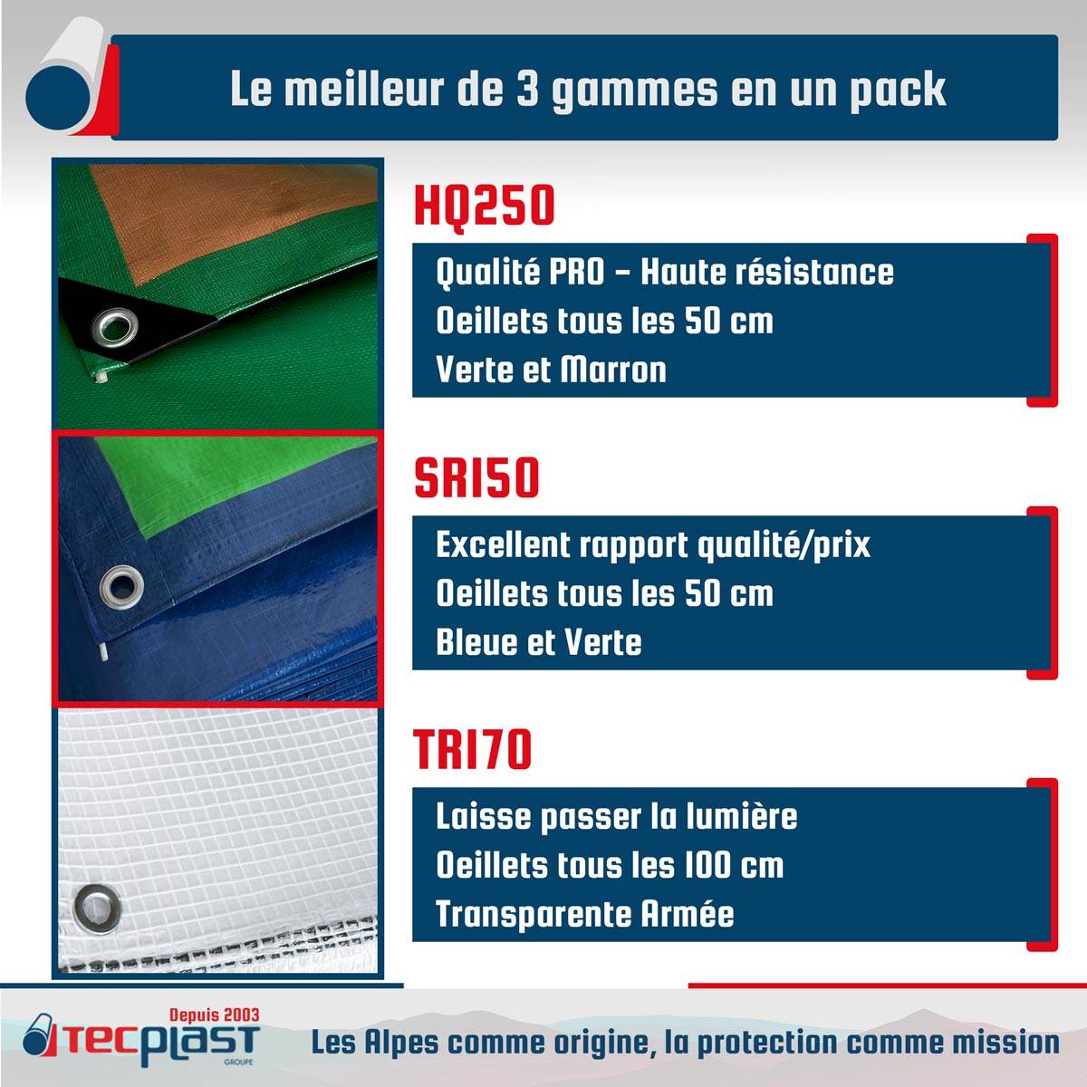 Pack 5 Bâches de Protection imperméables - 2x3m (x2) + 3x5m (x1) HQ250MU / 4x6m (x1) TR170MU / 6x10m (x1) SR150MU -PT2MU TECPLAST - Image 3